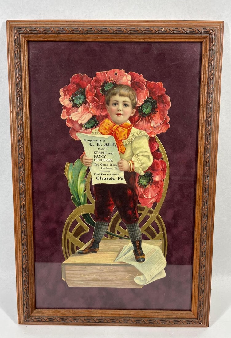 C. E. Alt Victorian Die-Cut Trade Sign: 19x13 This late 19th-century multi-color chromolithograph die-cut functions as a Victorian trade advertisement for C. E. Alt, a dealer in groceries, dry goods, and hardware located in Church, Pennsylv