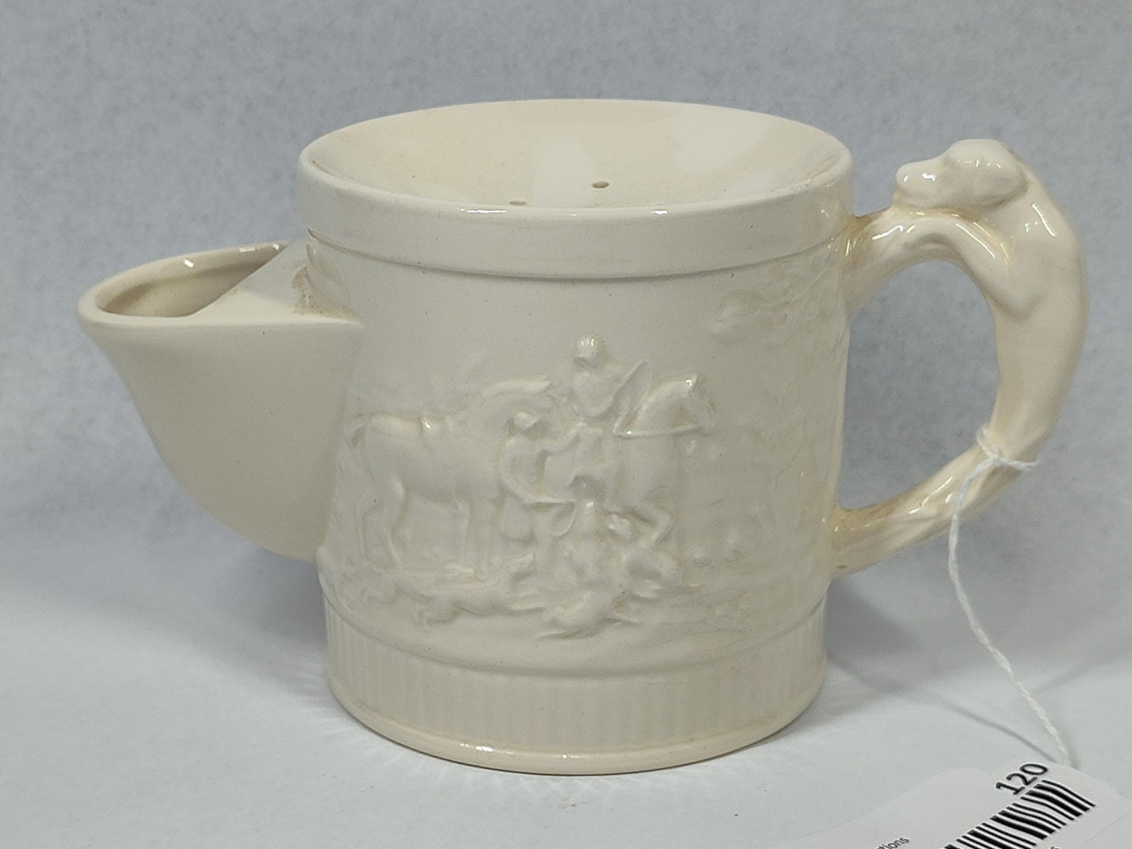 Wedgwood Devonshire Shaving Scuttle: 4x4 A Wedgwood glazed earthenware shaving scuttle in the Devonshire pattern. The creamware body is decorated with relief-molded bas-relief scenes of a traditional fox hunt, featuring figures on