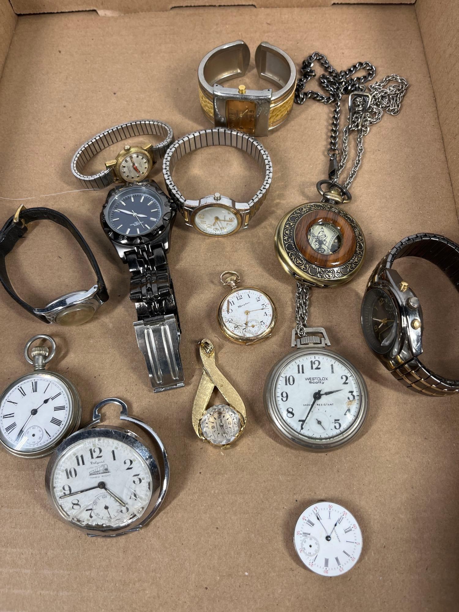Vtg & Modern Pocket, Wrist & Pendant: This collection comprises an assortment of vintage and contemporary timepieces including pocket watches, wristwatches, and a pendant watch. Identified pocket watches include a Delgard Timed Right Germ