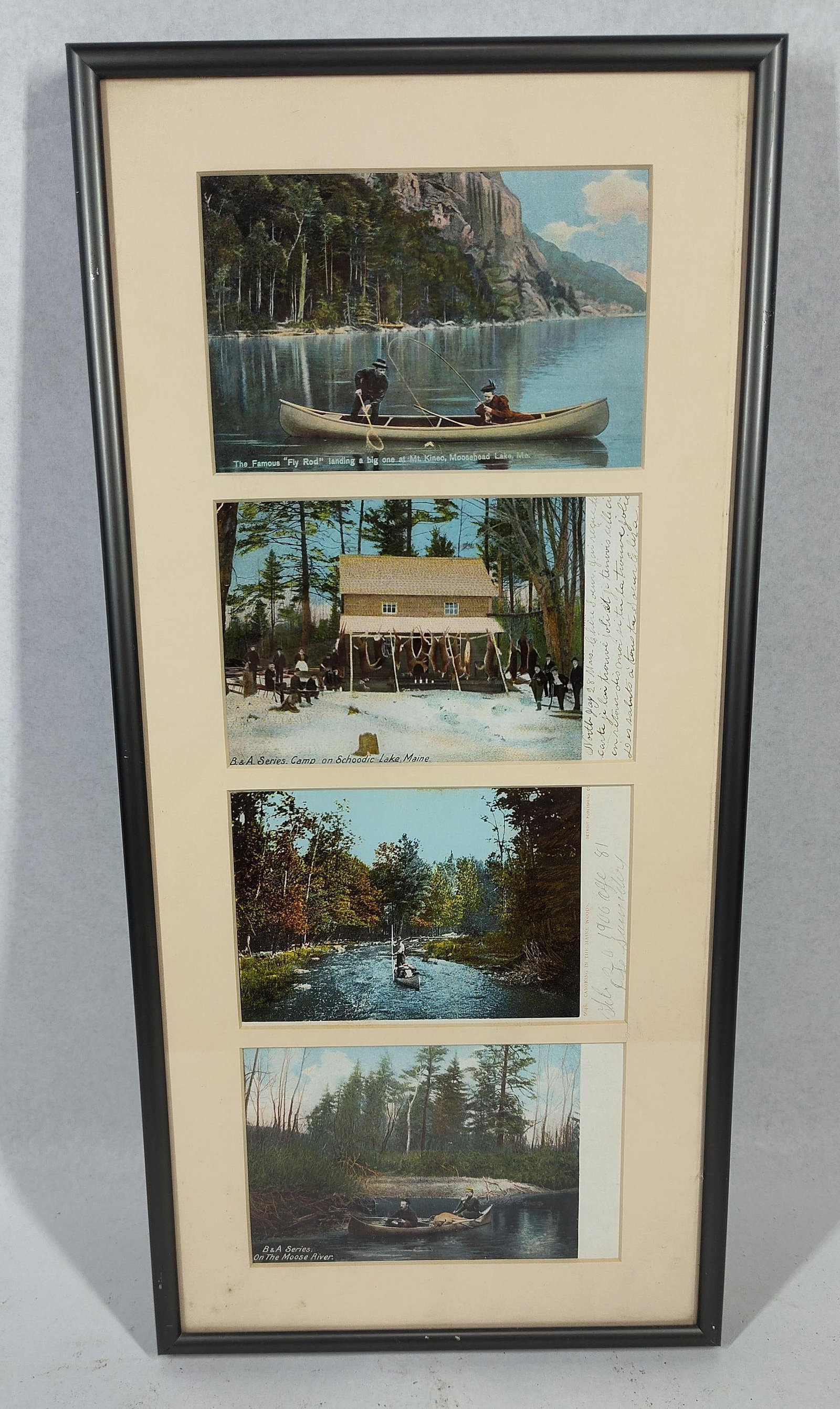 Fly Rod Crosby & Detroit Pub. Postcards: 17x8 A group of four early 20th-century color photomechanical postcards depicting outdoor sporting life in Maine. The top card is titled The Famous Fly Rod landing a big one at Mt. Kineo, Moosehead