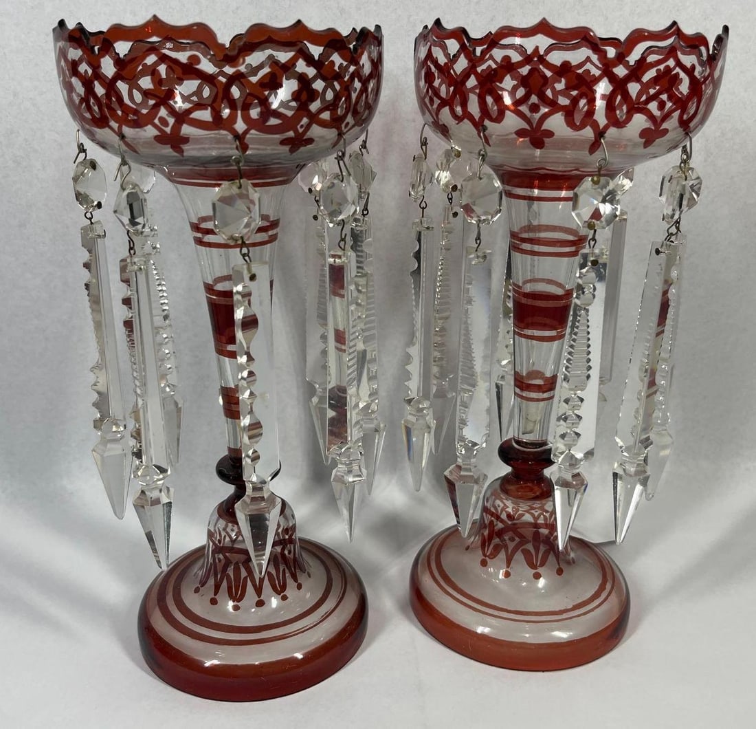 Pair Bohemian Ruby Cut-to-Clear Lusters (1 of 4)