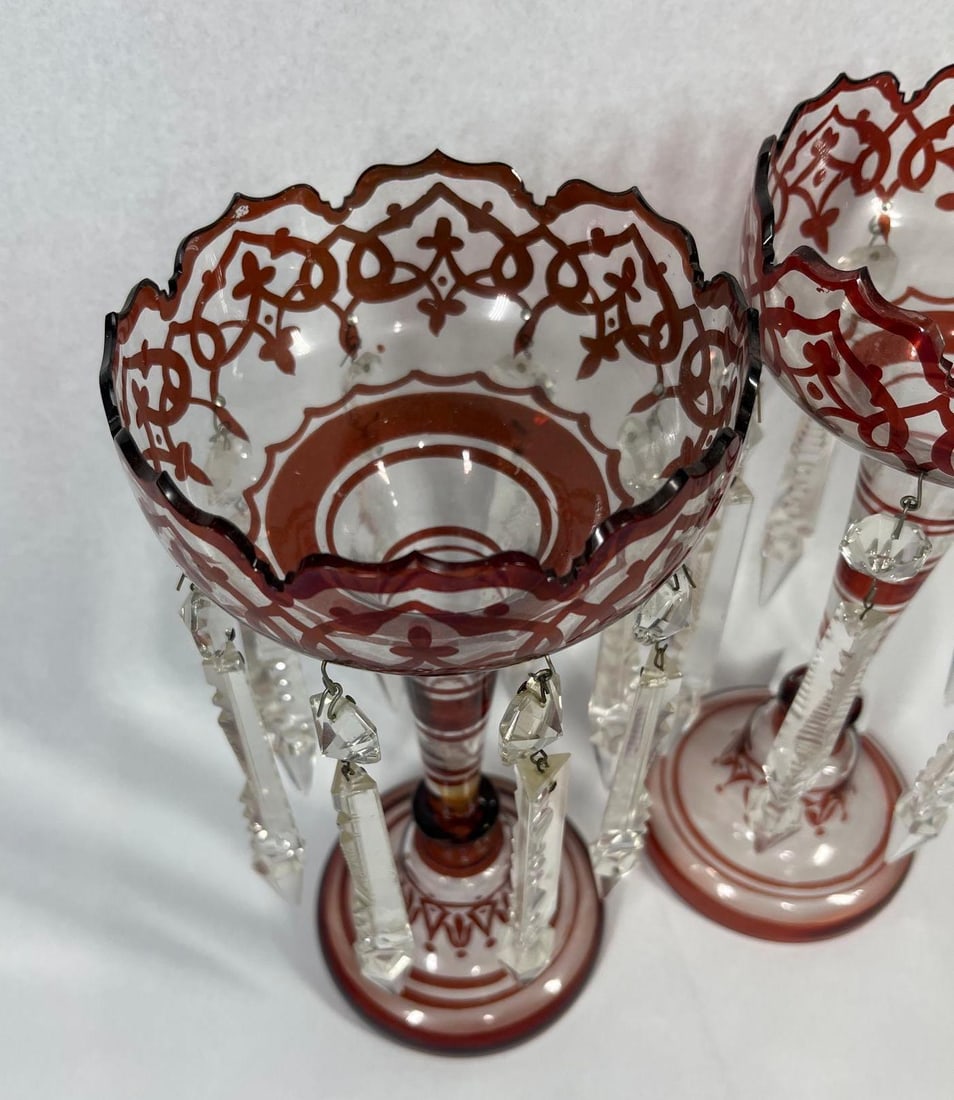 Pair Bohemian Ruby Cut-to-Clear Lusters - 2