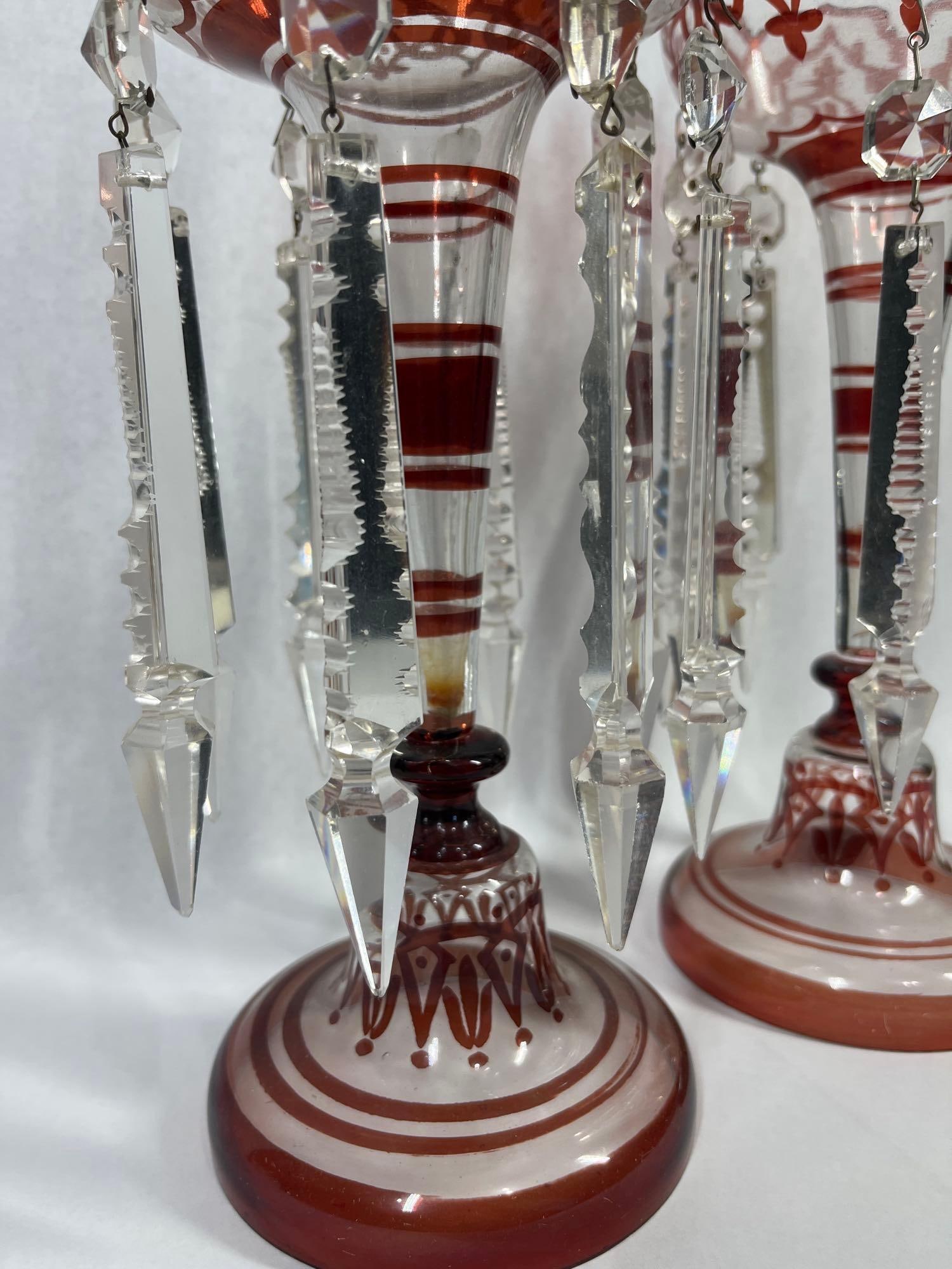 Pair Bohemian Ruby Cut-to-Clear Lusters - 3
