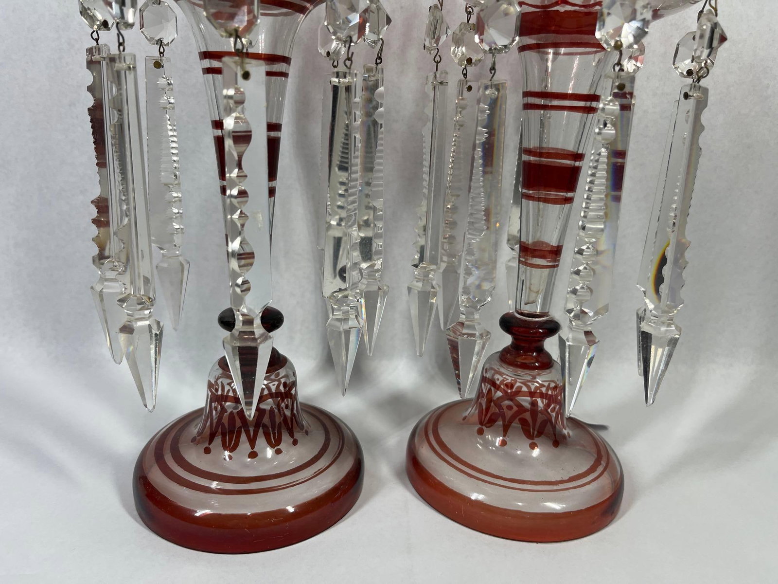Pair Bohemian Ruby Cut-to-Clear Lusters - 4