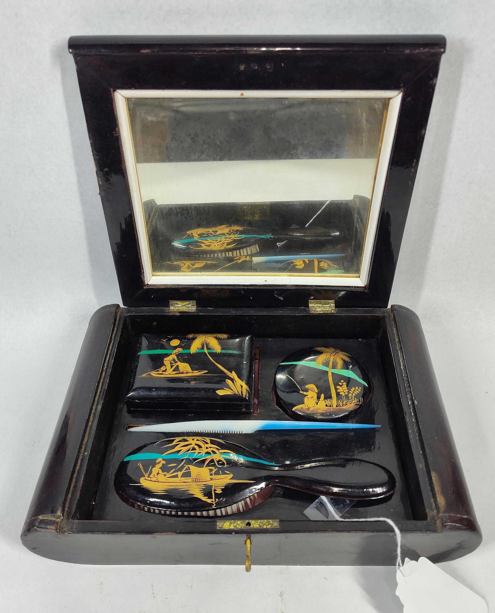 Vtg Asian-Style Lacquer Wood Vanity Set: 11.5x8x3 A vintage Asian-style vanity set presented in a black lacquered wood storage case. The set comprises a group of accessories including a handled hair brush with white bristles, a rectangular l