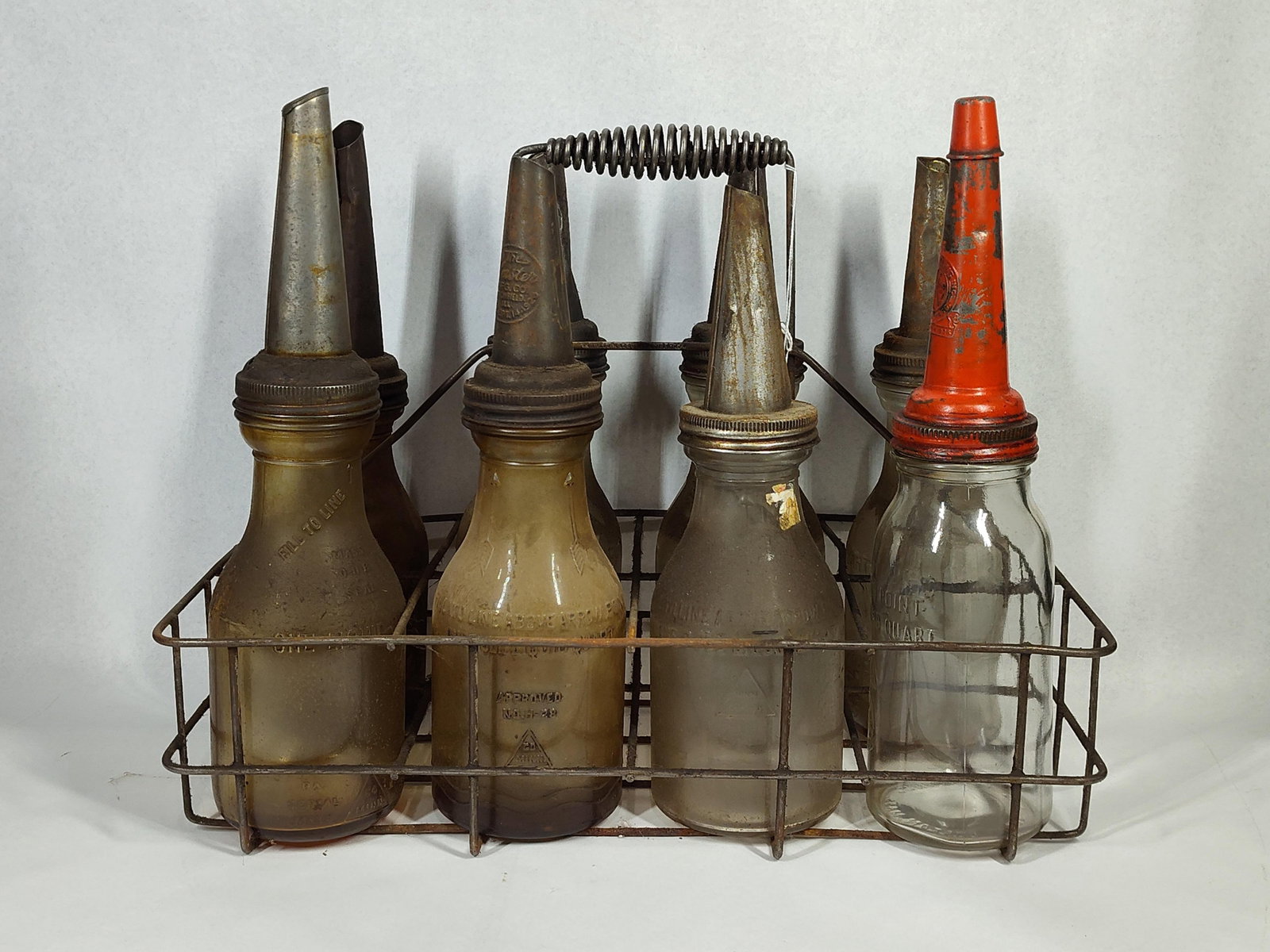 8 Service Station Oil Bottles & Carrier (1 of 4)