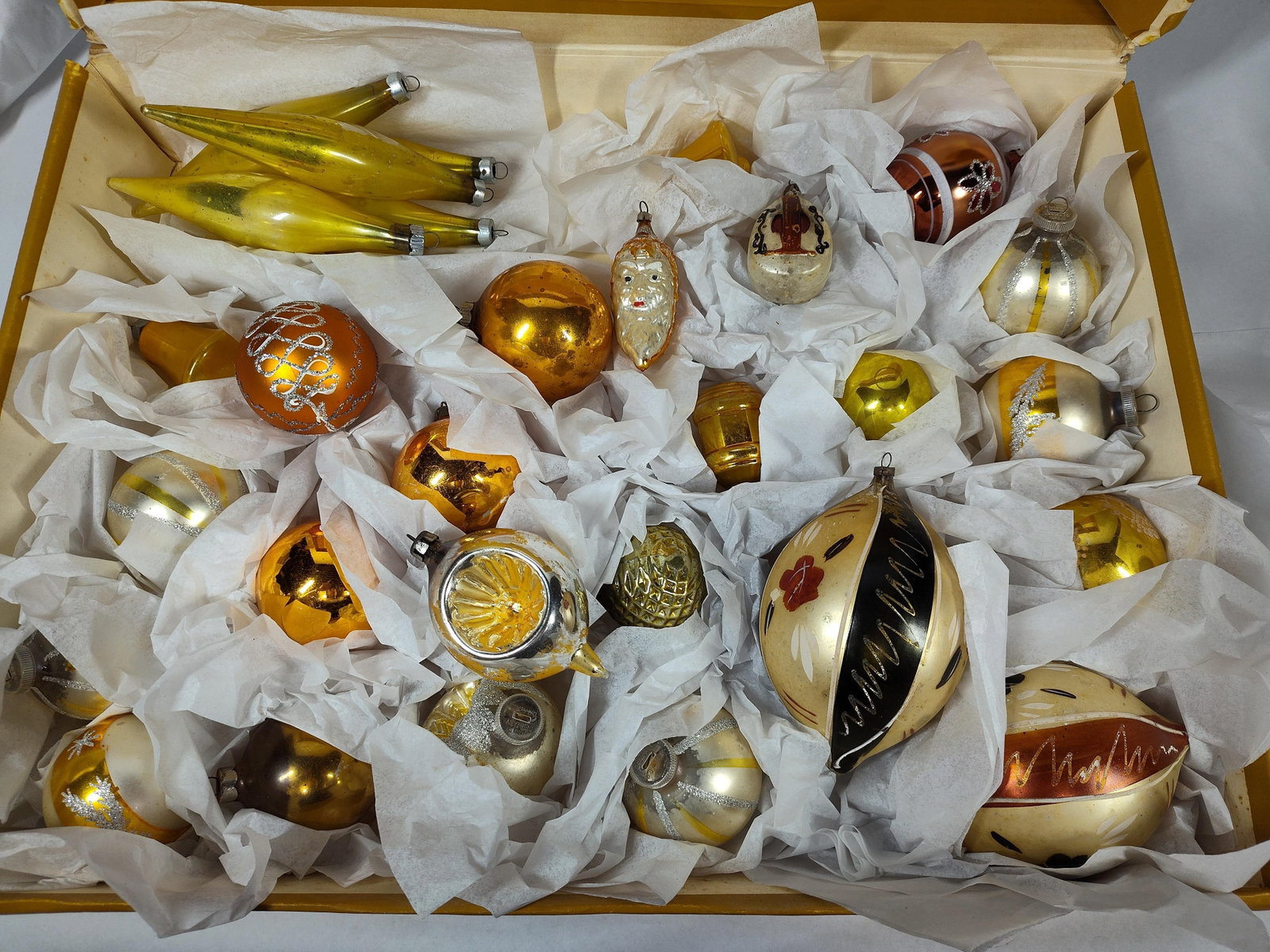Vtg West German Blown Glass Ornaments: This group consists of approximately 25 vintage blown glass Christmas ornaments featuring various shapes, colors, and hand-painted decorations. The assortment includes traditional spherical balls, a f
