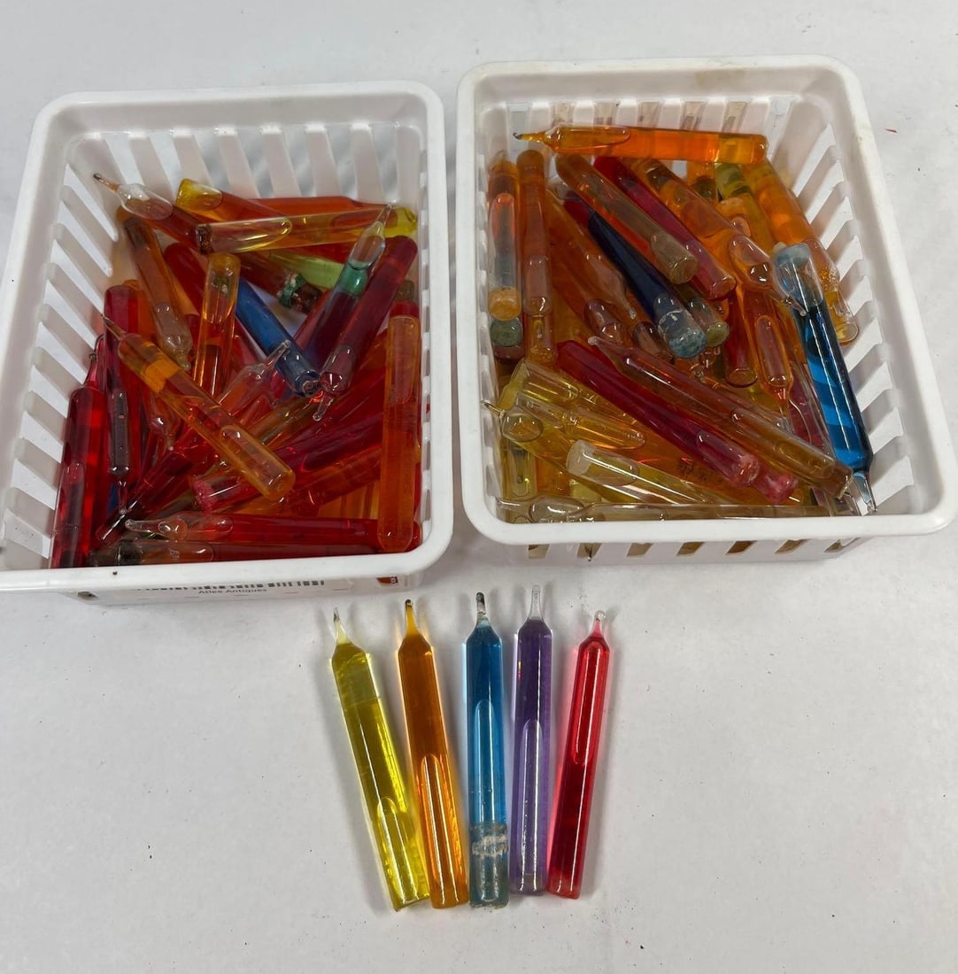 Vtg Glass Bubble Light Replacements: This lot consists of an assortment of vintage replacement vials designed for Christmas bubble lights. The collection includes numerous sealed glass tubes containing colored liquids in various hues,