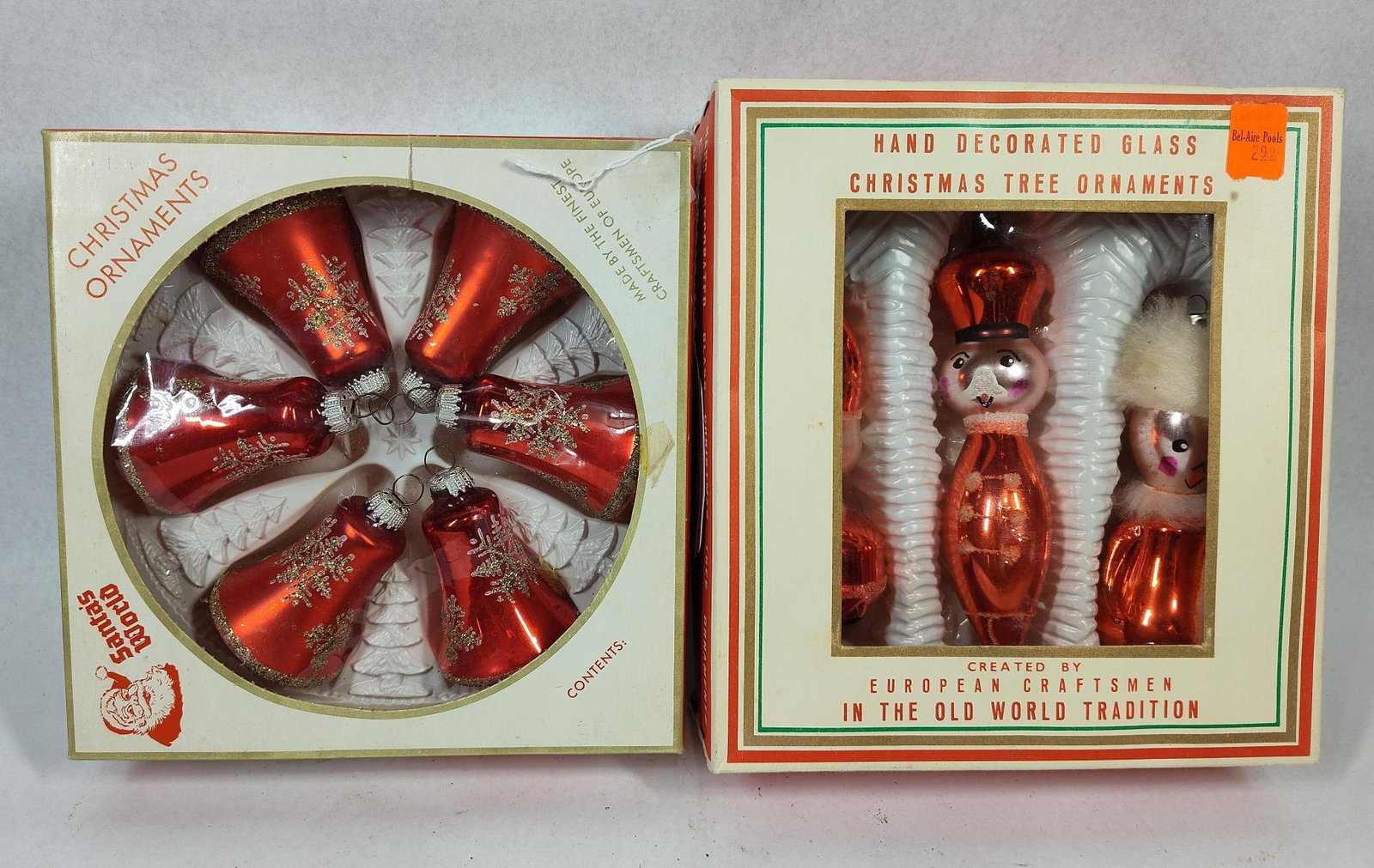 Commodore & Santa's World Vtg Ornaments: This collection includes two original retail boxes of vintage glass Christmas ornaments of European origin. The first set, branded as Santa's World, contains six bell-shaped ornaments crafted