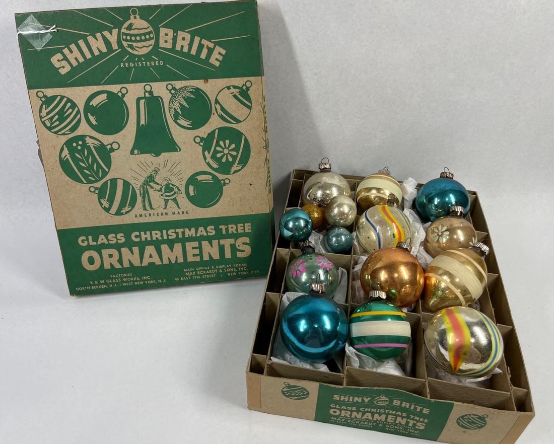 13 Vtg Shiny Brite Glass Ornaments, Box (1 of 6)