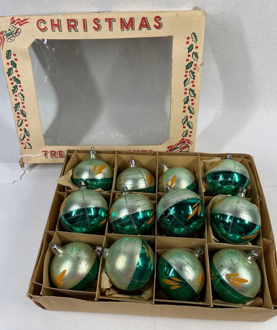 Mid-C. Stenciled Glass Ornaments w/Box: This collection features multiple glass globe ornaments presented in a partitioned cardboard display box. Each ornament is finished with a two-tone design consisting of a matte silvered upper