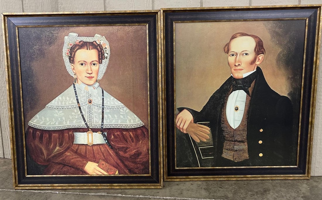 After Erastus Field, Pearce Portraits: Each 26x30 This Newer pair of American Folk Art portraits are executed in oil on canvas after the original works by Erastus Salisbury Field depicting the subjects Mr. and Mrs. Pearce. The paintings ar