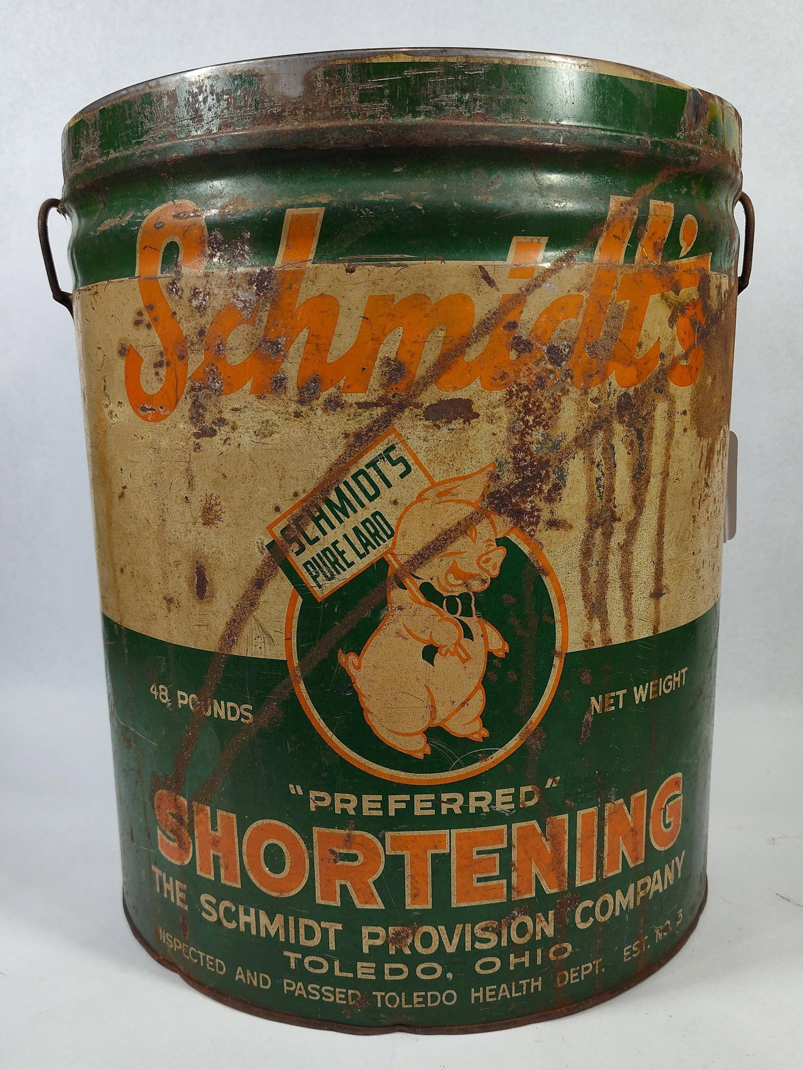 Schmidt Provision Shortening Tin Pail: 14x12 This is a large vintage bulk shortening tin produced for The Schmidt Provision Company of Toledo, Ohio. The container is constructed of lithographed metal and features a three-tone color scheme 