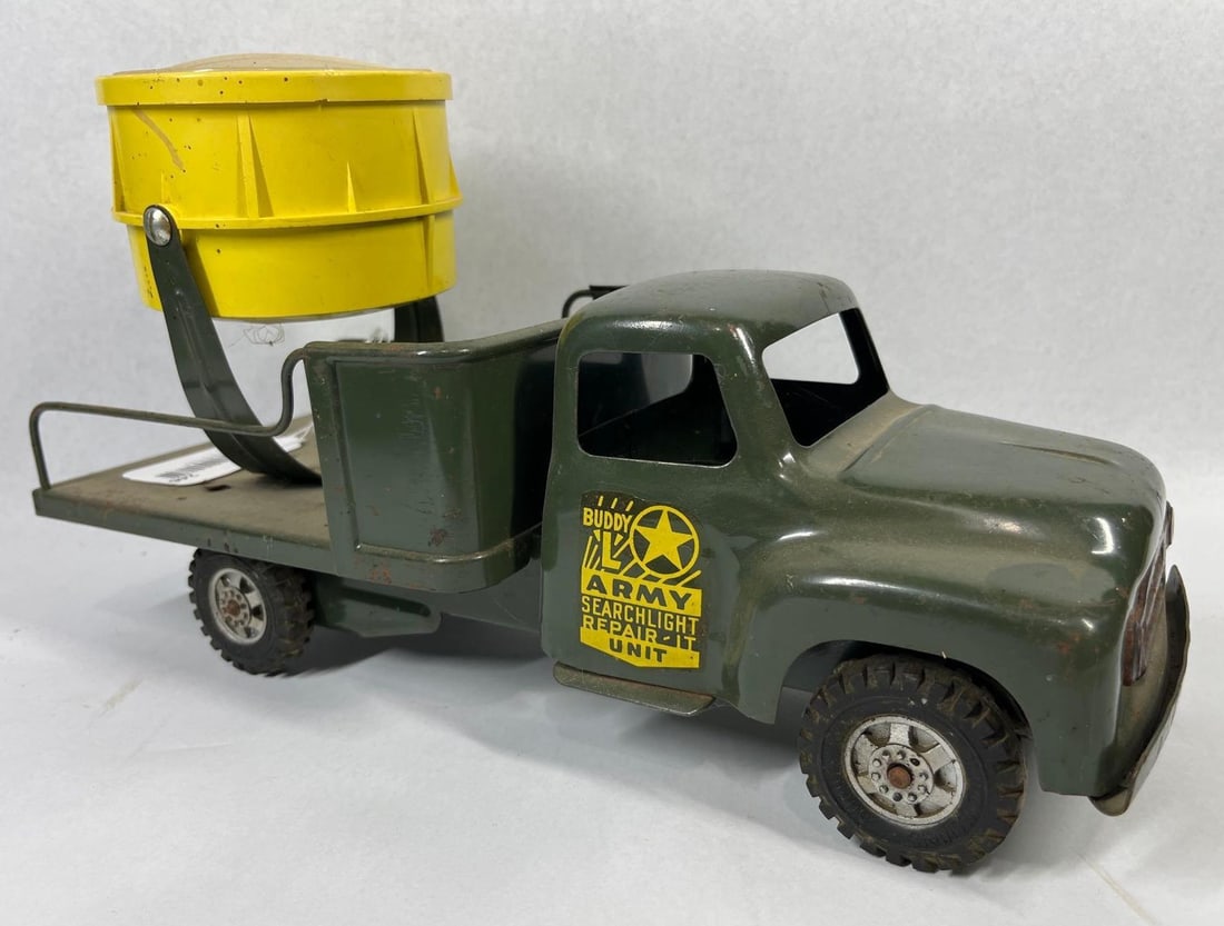 Buddy L Army Searchlight Repair Truck: 13 inches. This is a vintage pressed steel utility truck manufactured by Buddy L, specifically identified by the decals on the cab doors as an Army Searchlight Repair-It Unit. The vehicle is finished