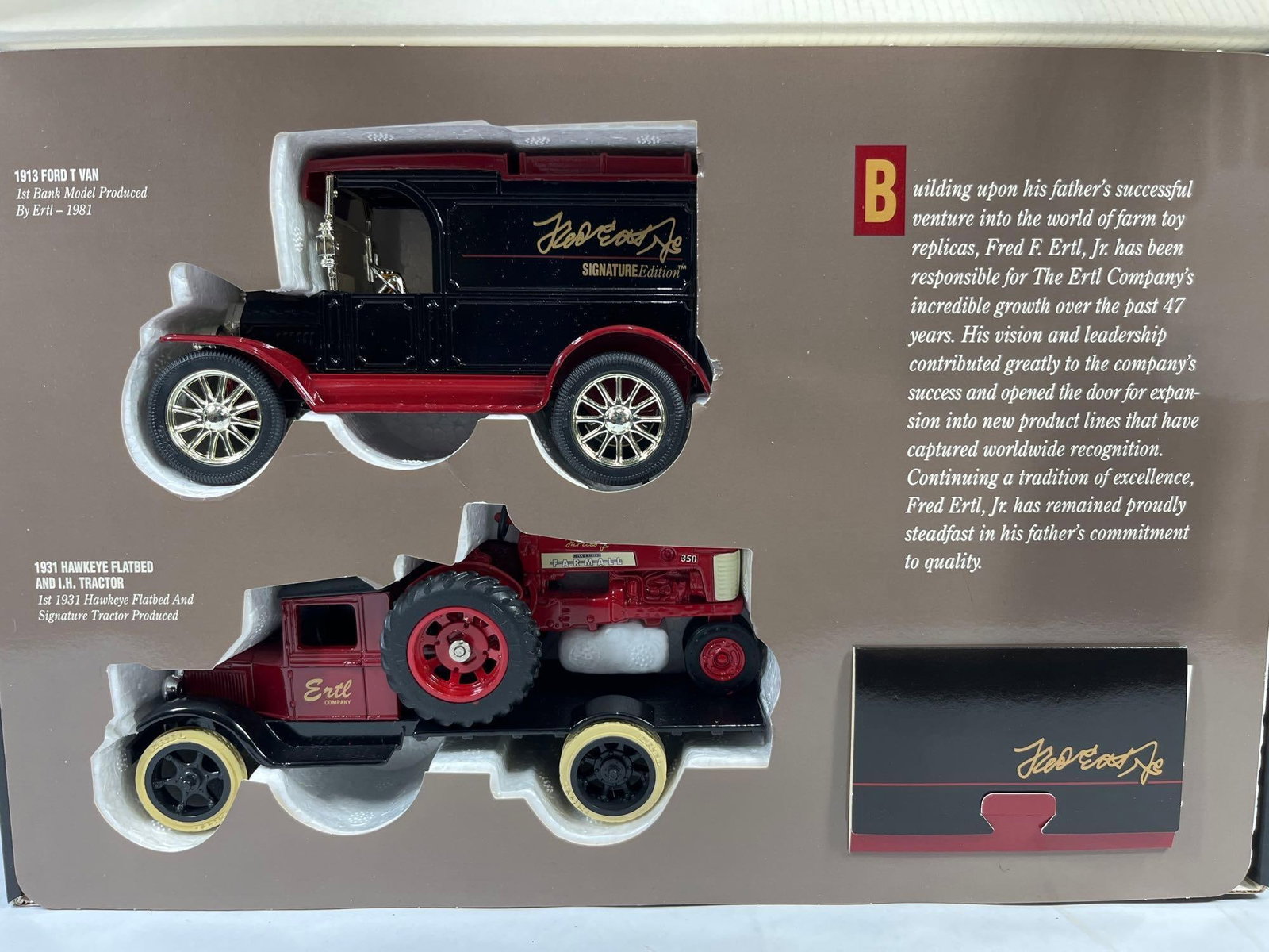 Fred Ertl Jr. Signature Vehicle Set: This three-piece die-cast vehicle set is a Fred Ertl, Jr. Commemorative Issue, released as a Signature Edition by The Ertl Company in 1992. The set was produced in conjunction with Eastwood Automobili