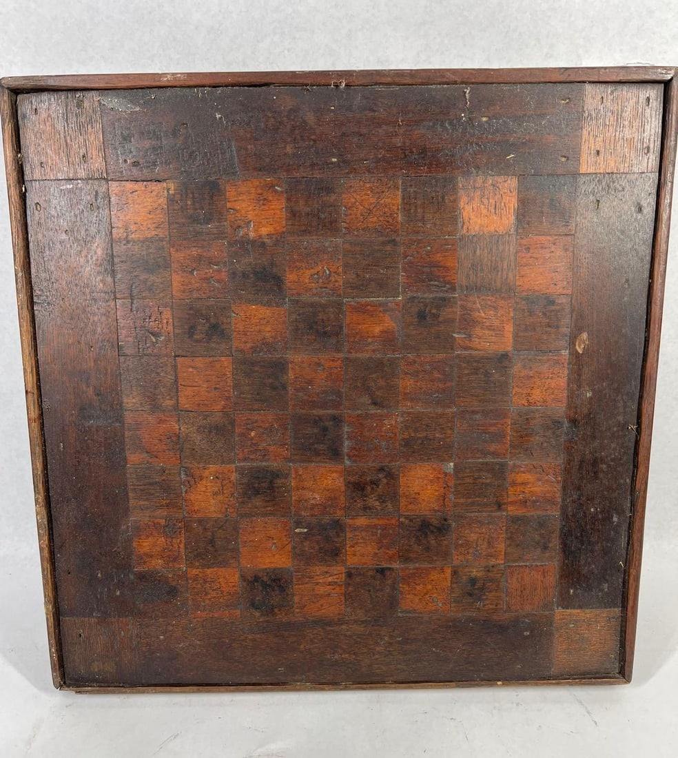 19th C. Folk Art Inlaid Wood Game Board: 14.5x14.5 A 19th-century double-sided wooden game board of folk art origin featuring two distinct playing layouts. One side displays an 8x8 grid for chess or checkers, constructed with inlaid or appli