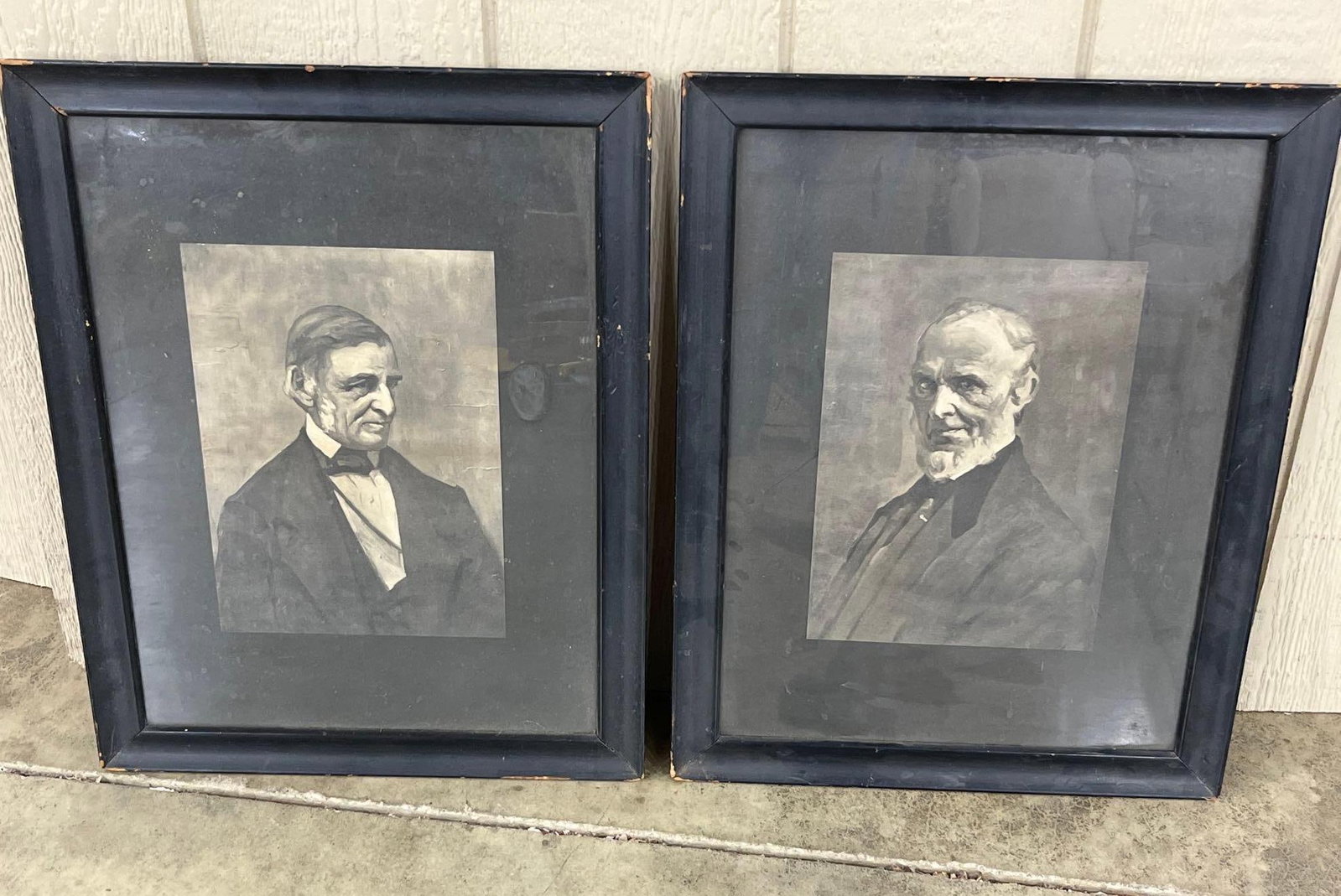 Pair Emerson & Whittier Portraits: 22.5x17 A pair of framed monochrome prints depicting two prominent 19th-century American literary figures. The portraits are likely photogravures or high-quality lithographic reproductions based on