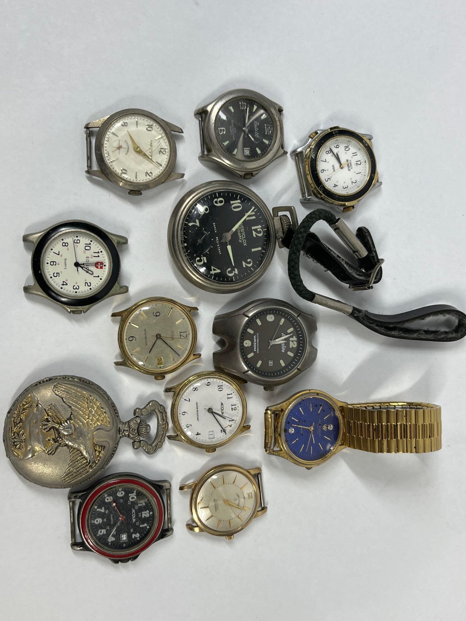 12 Vtg & Modern Wrist & Pocket Watches: This assortment contains 12 timepieces including a variety of vintage and modern wristwatches and pocket watches. Featured items include a Swiss-made Mason manual wind wristwatch with an antimagnetic 
