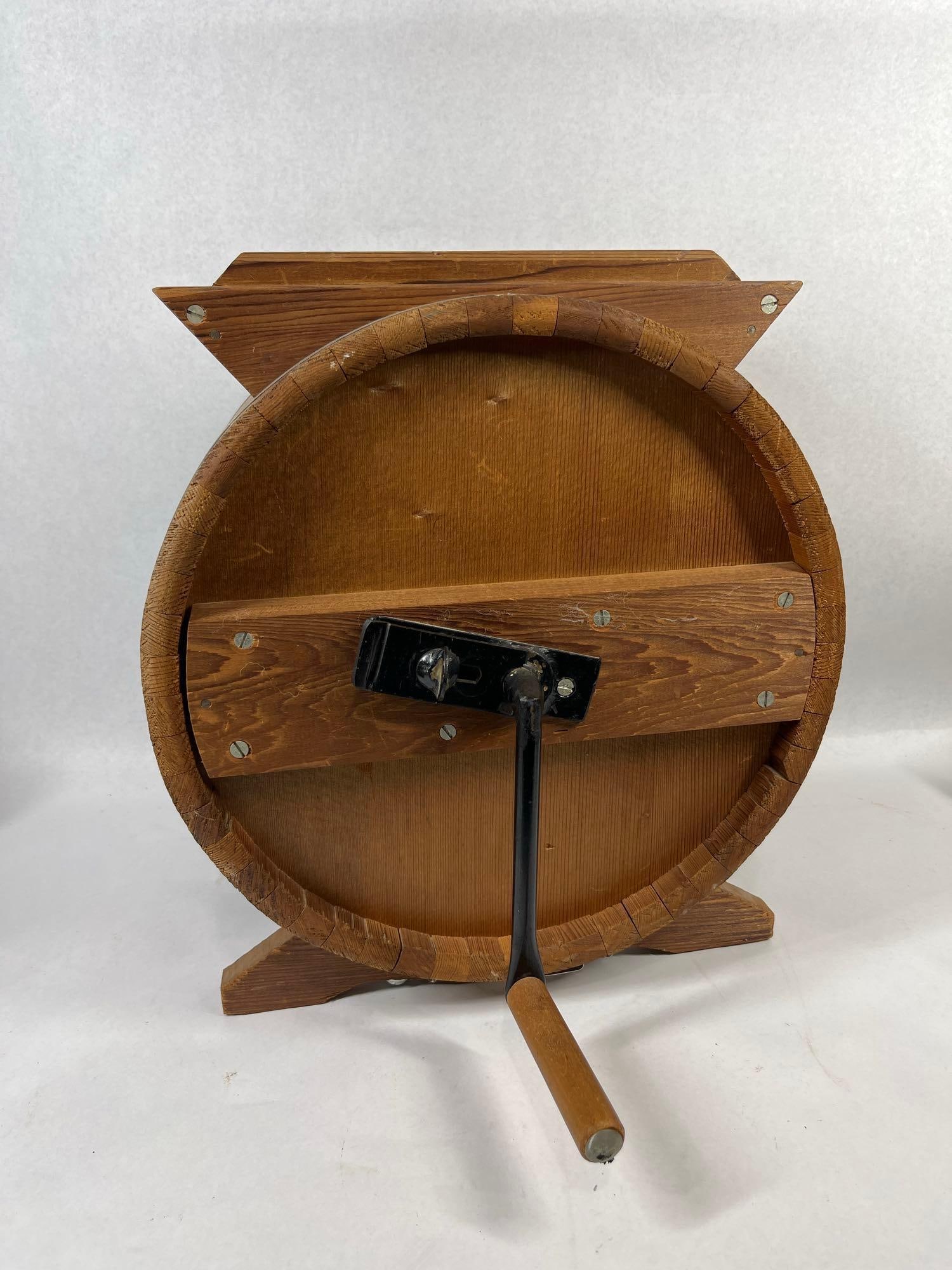 Hand Crank Wooden Barrel Butter Churn: 13x14x10 Manual cylinder barrel butter churn of horizontal design, attributed to Richmond Cedar Works (RCW) based on the distinctive form and construction characteristics. The body is composed of wood