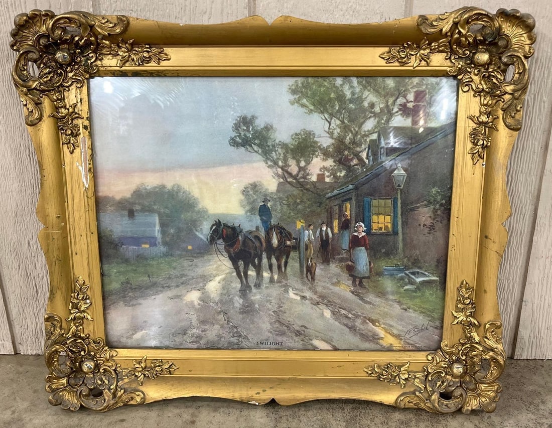 F.F. English, Twilight Color Lithograph: 22x26 This color lithograph, titled Twilight, is by artist F.F. English. The scene depicts a rural evening landscape featuring a team of two workhorses on a muddy road, several figures gathered