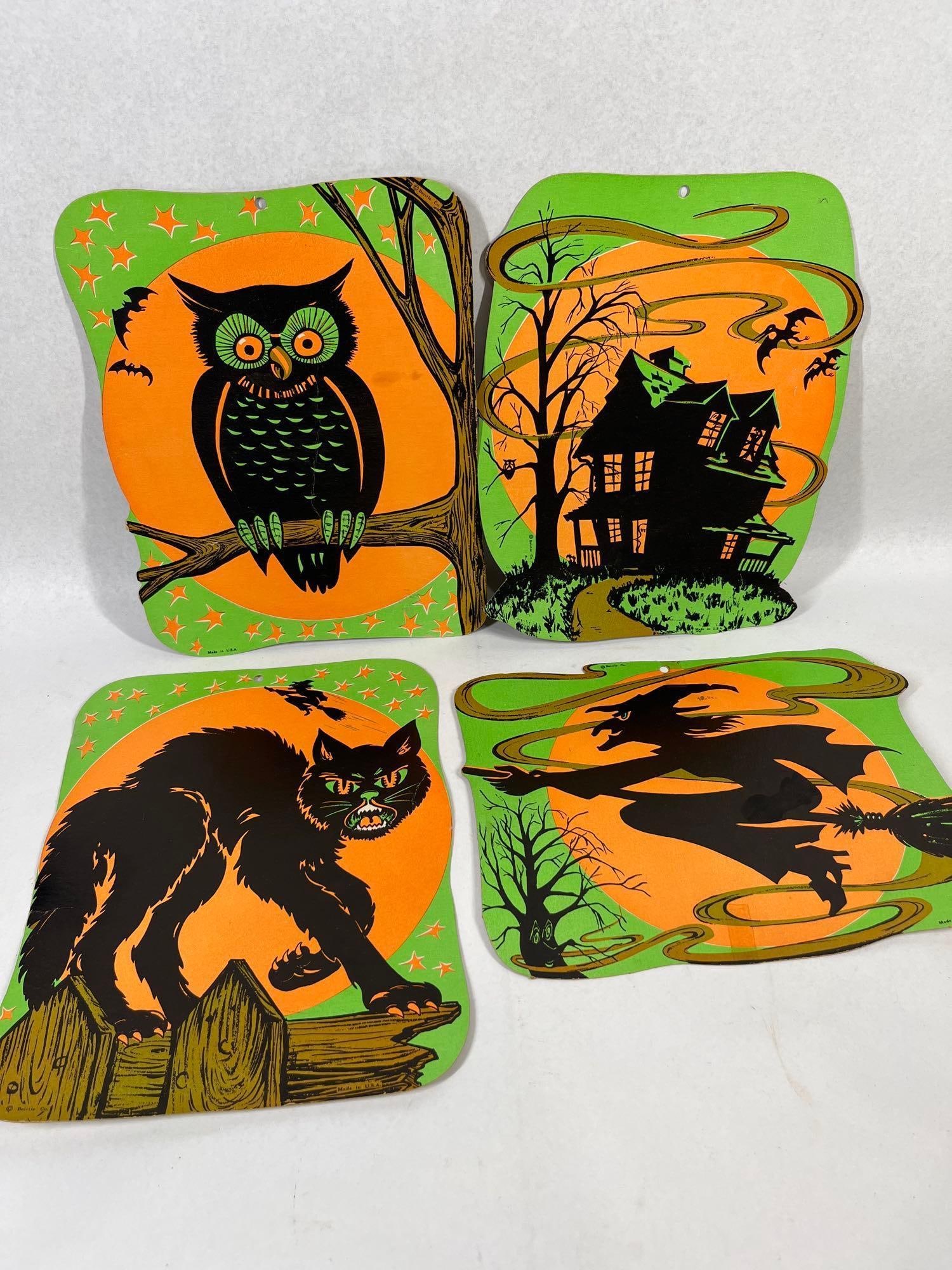 Vtg Beistle Day-Glo Halloween Die-Cuts: 11x9 A set of vintage Halloween die-cut cardboard wall decorations manufactured by the Beistle Company. This collection features high-contrast fluorescent or Day-Glo printing on medium-weight