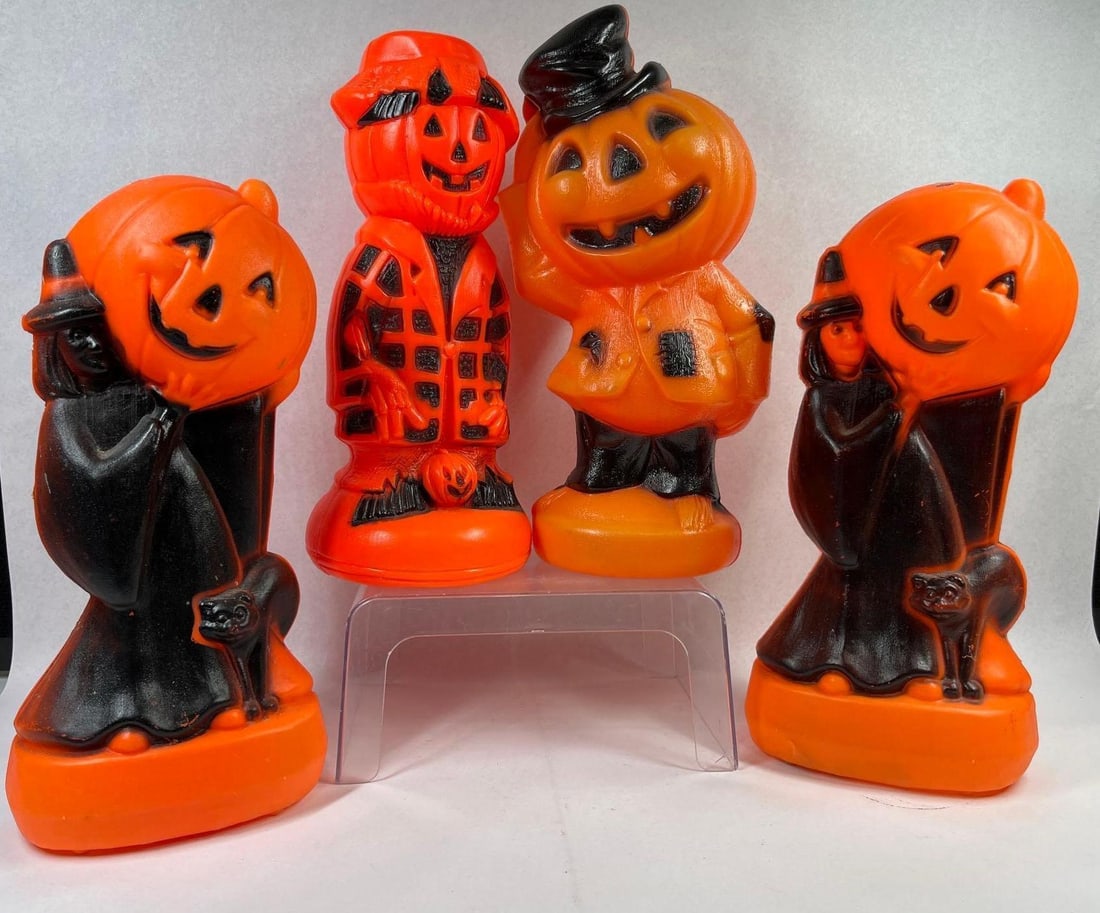 Vtg Empire Plastic Halloween Blow Molds: Each is 13 in. A collection of vintage blow-molded plastic Halloween tabletop decorations, manufactured by the Empire Plastic Corp. The group features figures rendered in a traditional orange and