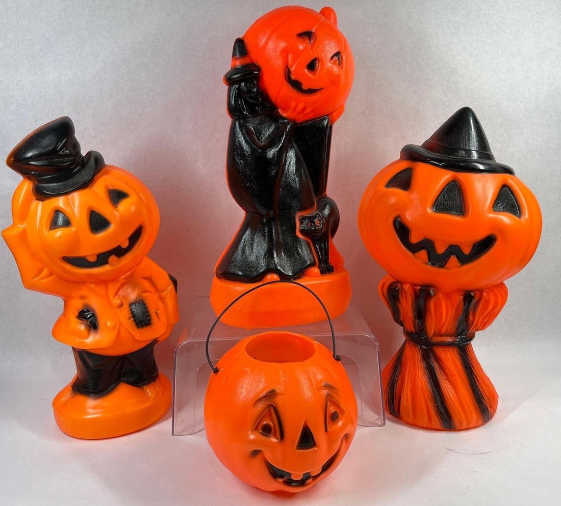 Empire Vtg Plastic Halloween Blow Molds: Each is 14 in. This collection of vintage blow-molded plastic Halloween decorations is manufactured by Empire Plastic Corp. in the United States. The assortment includes a jack-o-lantern figure