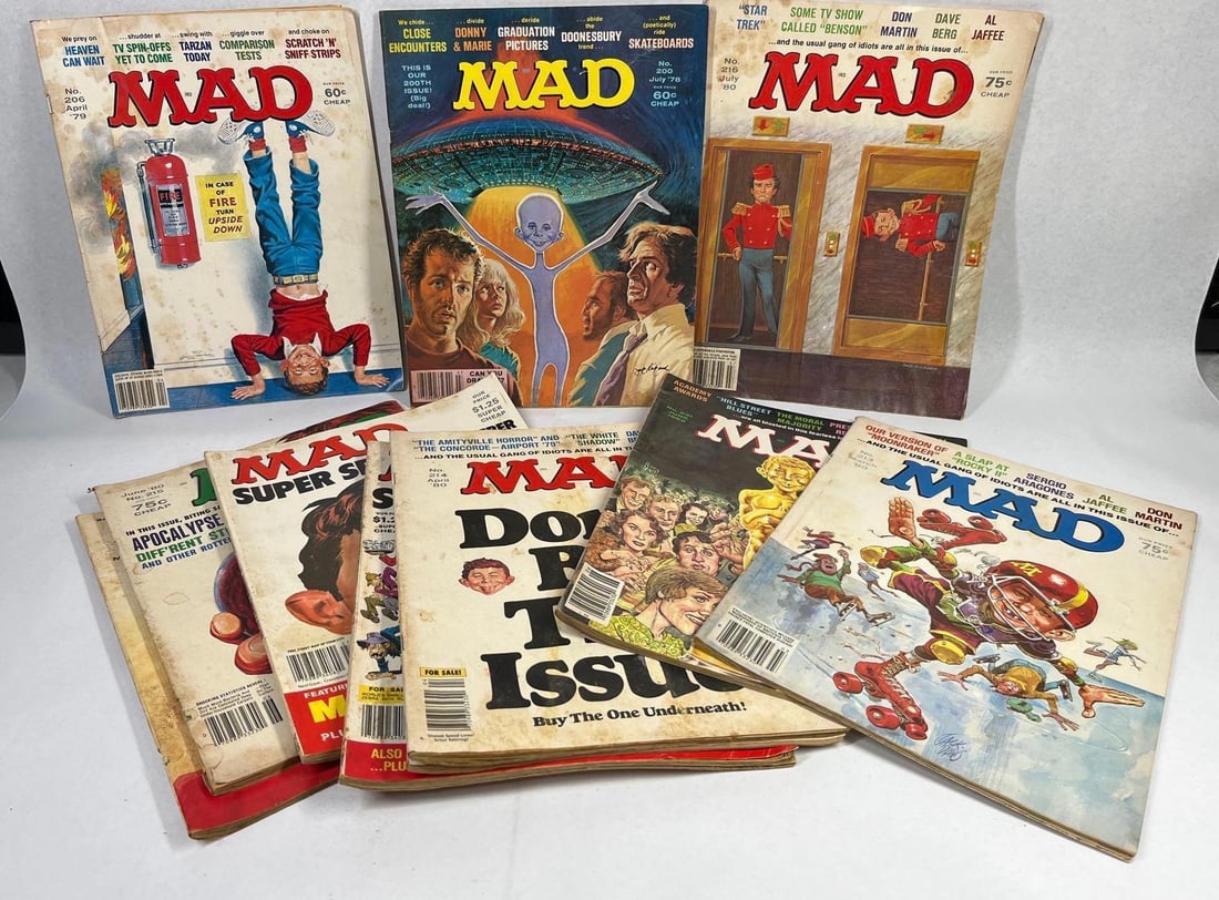 10 Vtg MAD Magazines, E.C. Publications: This lot comprises 10 issues of MAD Magazine published by E.C. Publications, Inc., spanning the years 1975 to 1982. The collection includes standard issues and Super Special editions. Specific issues