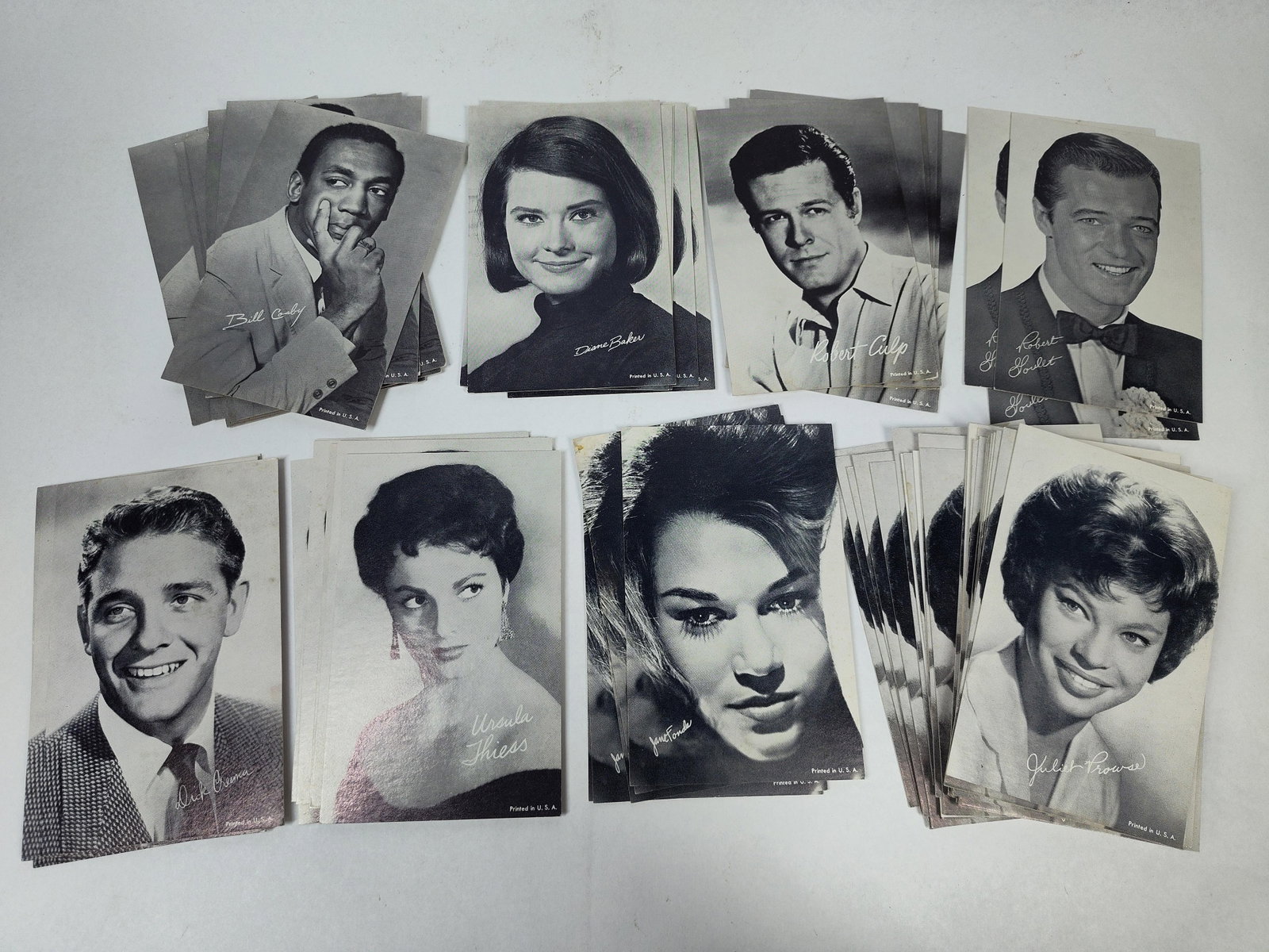 Vtg B&W Celebrity Portrait Promo Cards: This lot features a collection of vintage black and white celebrity promotional portrait cards, often identified as arcade cards or fan cards, dating to the 1960s. Each item is produced on