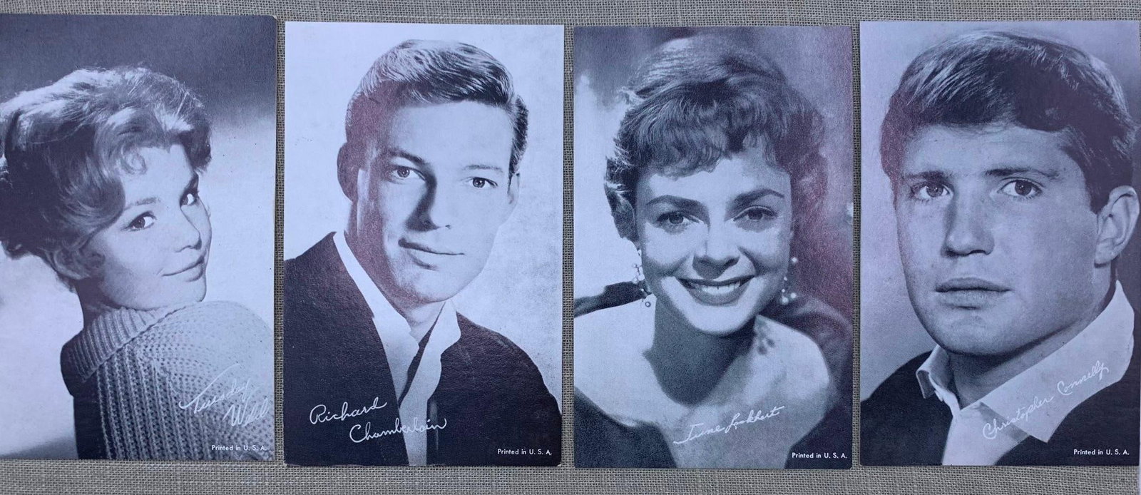 Vtg 1960s TV & Film Star Arcade Cards: This collection consists of an assortment of vintage black-and-white lithographic promotional cards, often referred to as arcade or exhibit cards, featuring prominent television and film stars from
