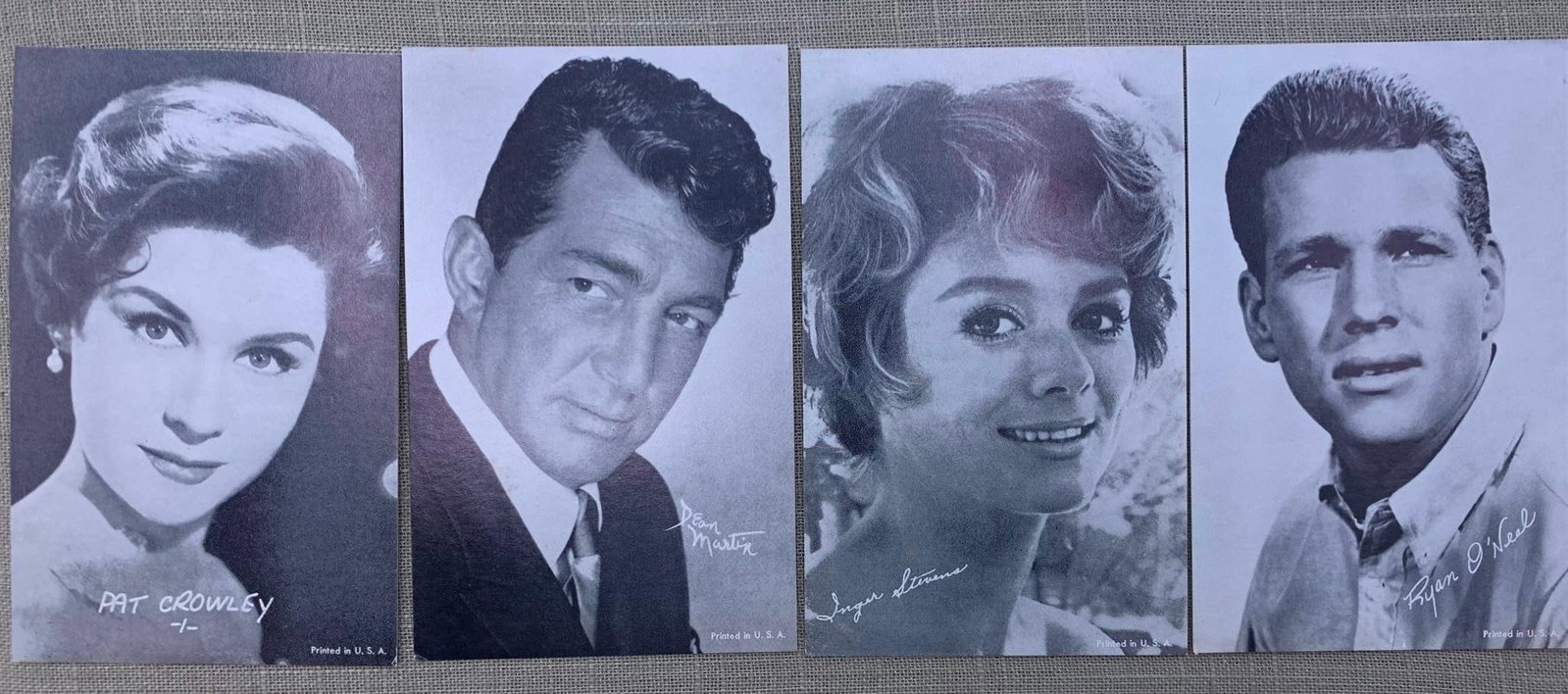 Vtg Hollywood Celebrity Arcade Cards: A collection of vintage mid-20th-century non-sport trading cards featuring black-and-white studio portraits of Hollywood movie and television stars. The cards are lithographed on cardstock with a