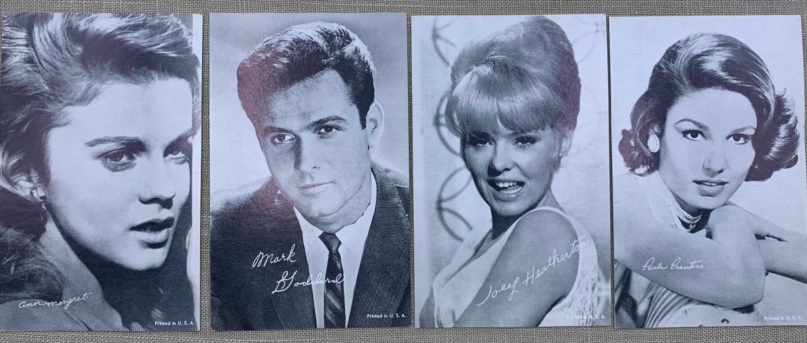Vtg Mid-1960s Celebrity Arcade Cards: This lot consists of an assortment of vintage celebrity portrait cards, commonly produced for distribution through arcade and vending machines during the mid-1960s. The cards are black and white litho
