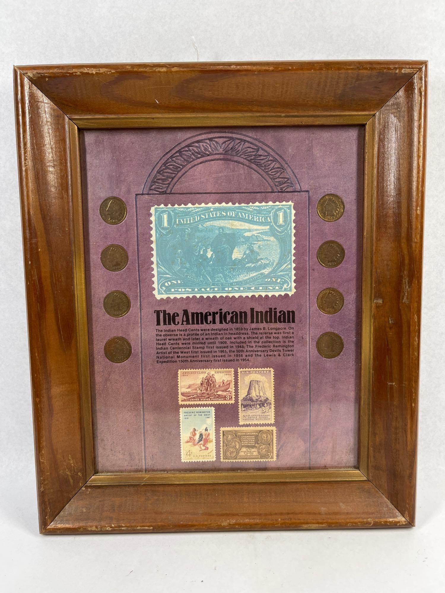 US American Indian Coin & Stamp Set: This commemorative framed assembly is titled The American Indian and contains a collection of US numismatic and philatelic items. The display features a group of US Indian Head one-cent coins struck i