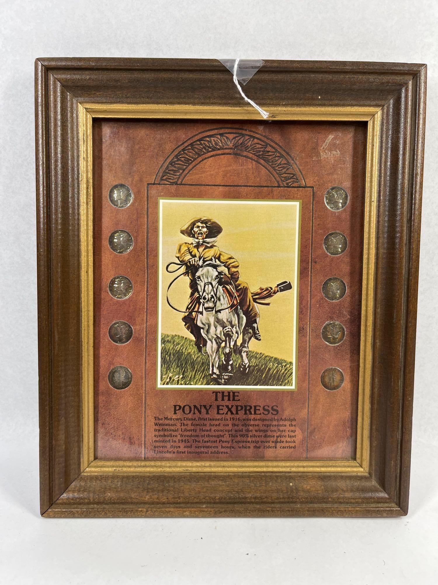 Pony Express US Silver Mercury Dime Set: This commemorative framed display, identified as The Pony Express Silver Mercury Dime Collection, features a collection of US Mercury dimes, also known as Winged Liberty Head dimes. These coins are co