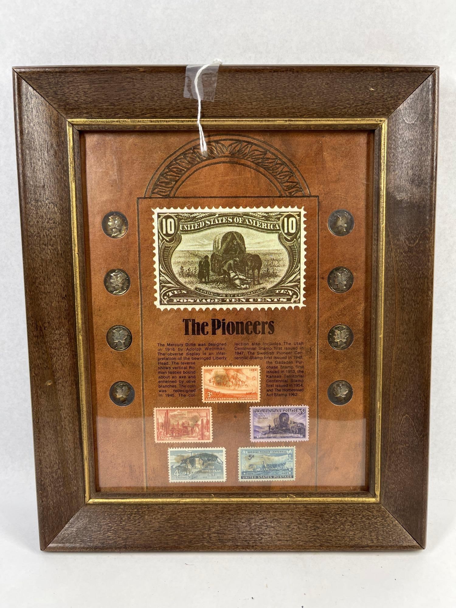 US Mercury Dimes & Stamps: Pioneers: This framed numismatic and philatelic assembly is titled The Pioneers. The display features a collection of US Mercury Dimes, also known as the Winged Liberty Head dime. These 10-cent coins are compos