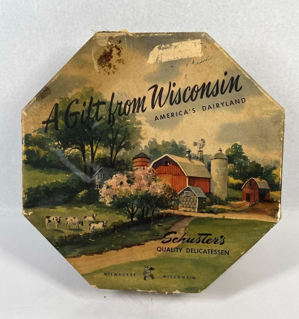 Schuster's Delicatessen Advertising Box: 12x12 This is a mid-20th century octagonal cardboard gift box produced for Schuster's Quality Delicatessen of Milwaukee, Wisconsin. The lidded box features a paper lithograph overlay with a