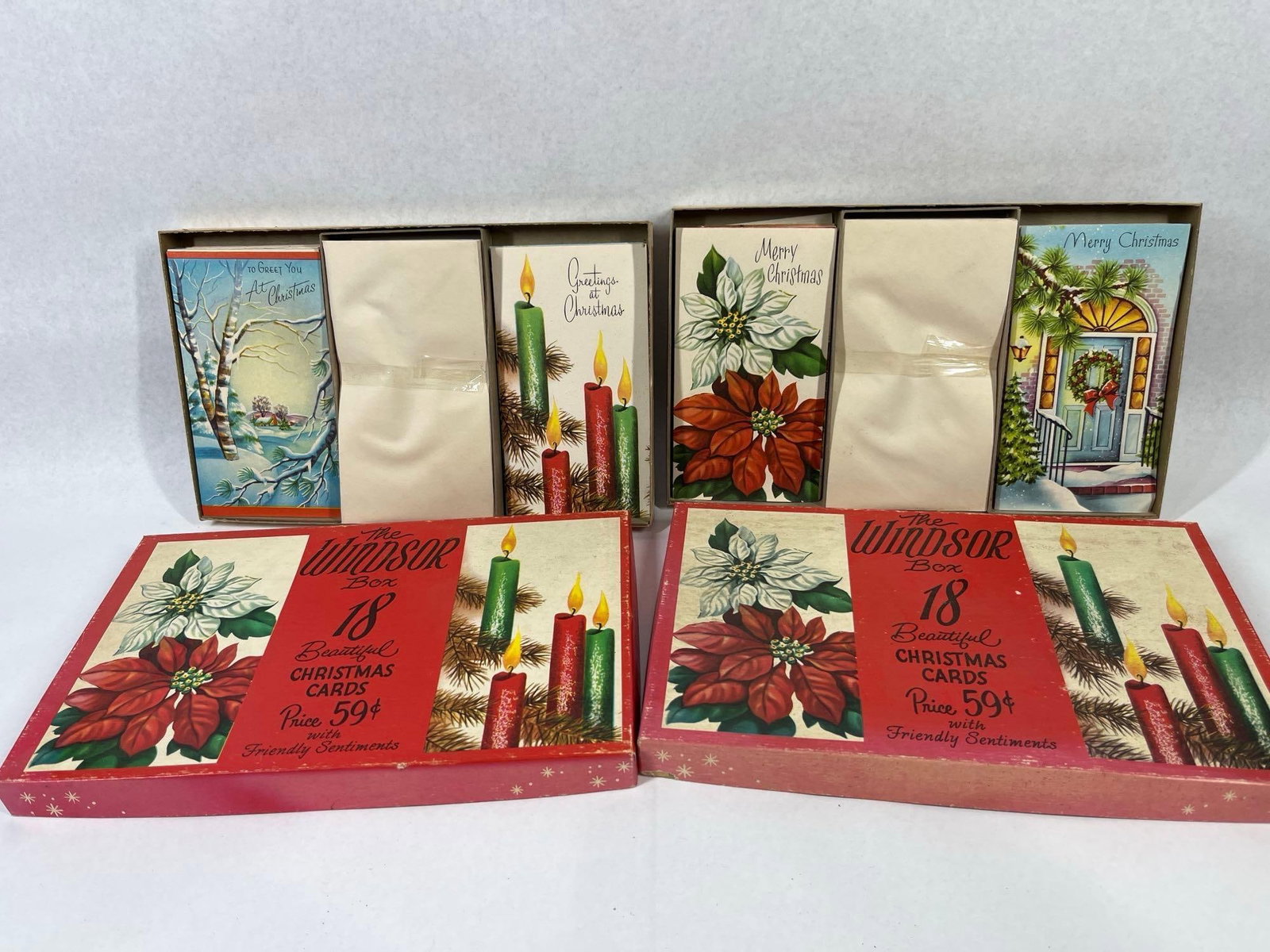 Pair Vtg Windsor Boxed Christmas Cards: Two original retail boxes of The Windsor Box Christmas cards, dating from the mid-20th century, approximately 1950s-1960s. Each set features tall-fold paper greeting cards accompanied by original
