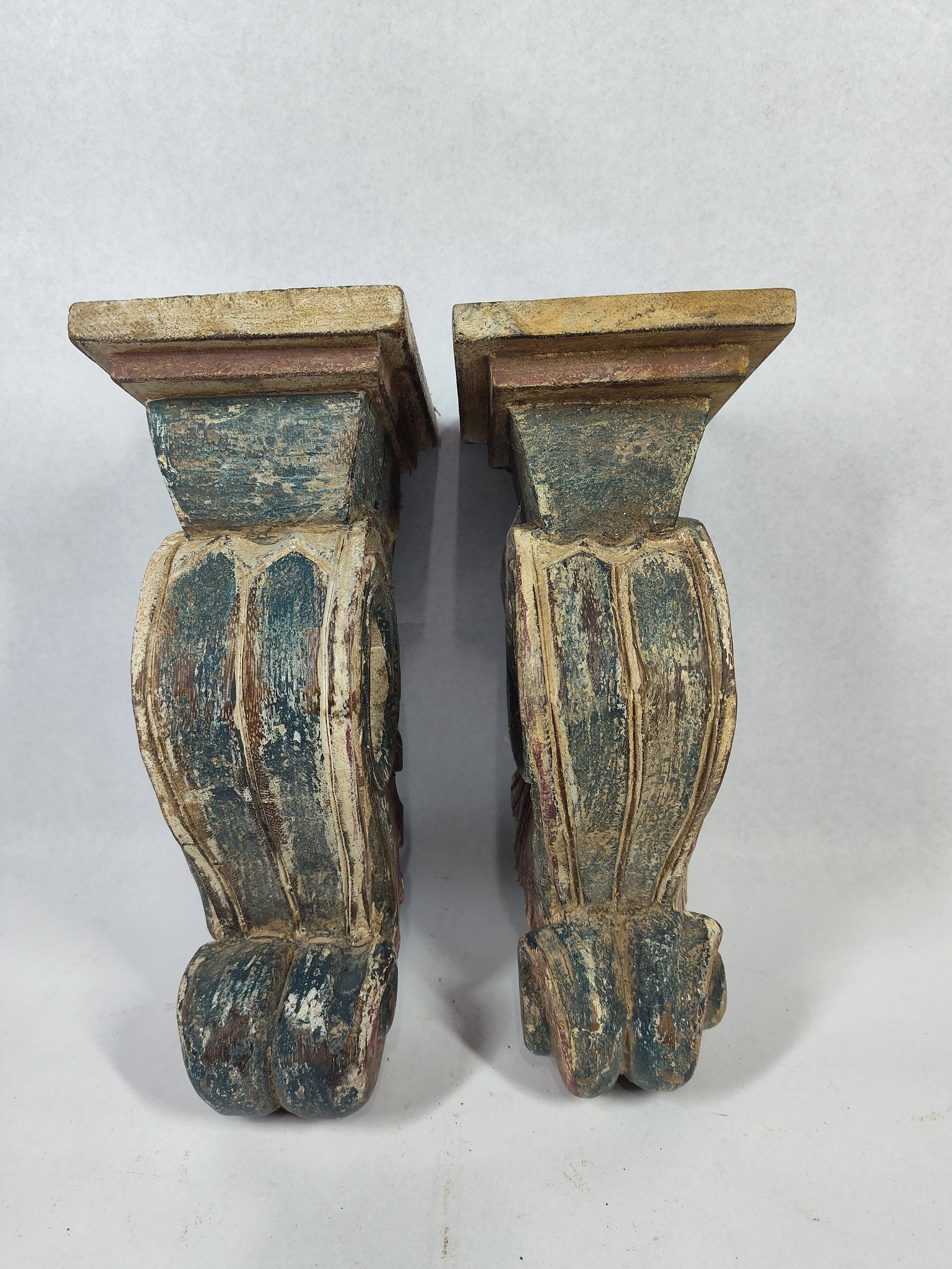 Pair Hand-Carved Polychrome Corbels - 2