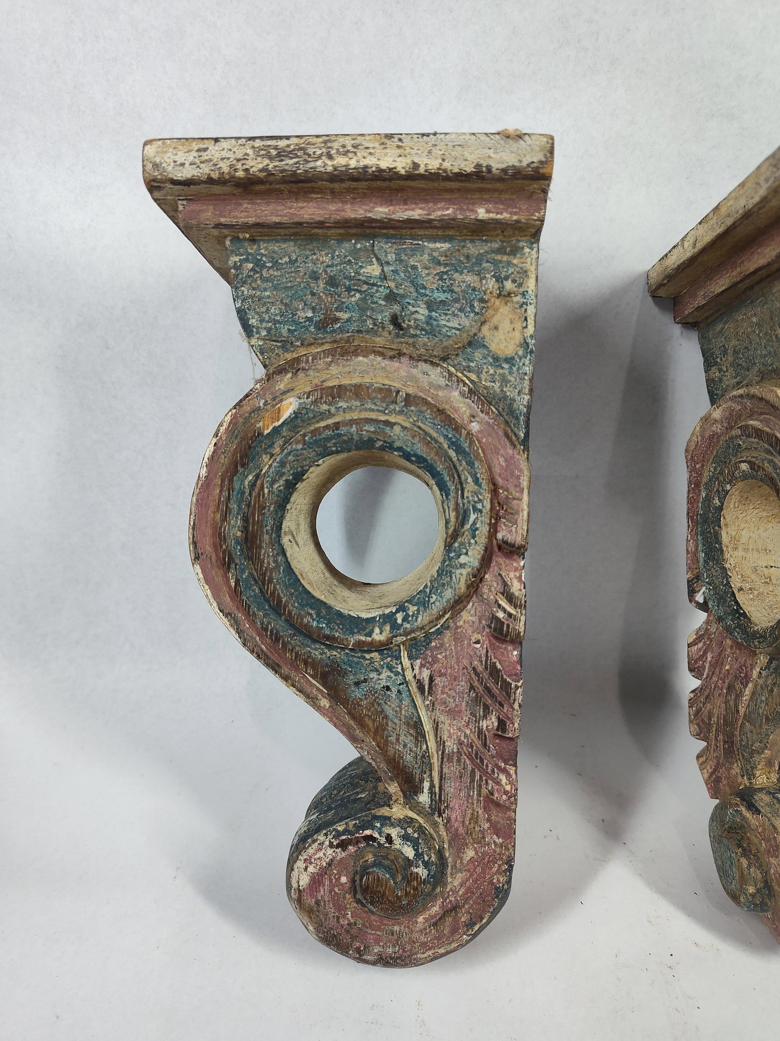 Pair Hand-Carved Polychrome Corbels - 3
