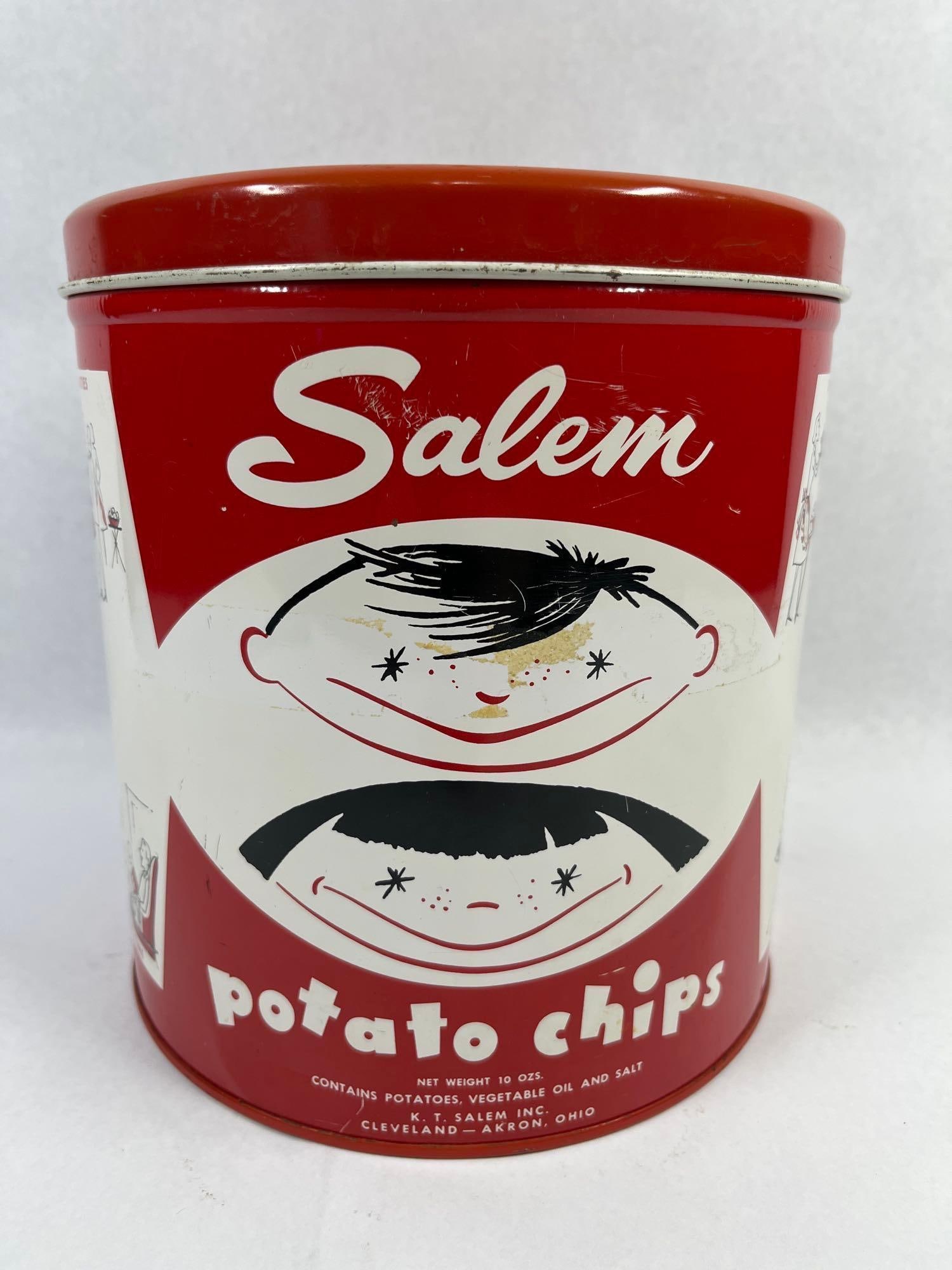 Vtg Decoware Salem Potato Chips Tin: 8x7 A mid-century vintage lithographed metal potato chip tin for the Salem brand, manufactured by K.T. Salem Inc. of Cleveland and Akron, Ohio. The container features a red and white color scheme with