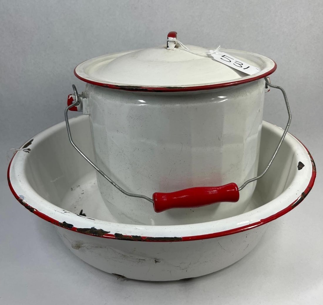 Pair Vtg White & Red Enamel Pot & Basin (1 of 5)
