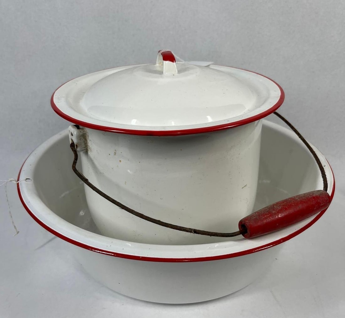Pair Vtg White & Red Enamelware Vessels (1 of 4)