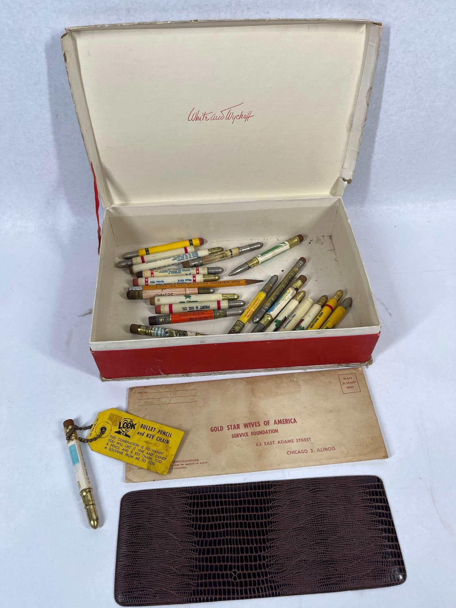 Advertising Bullet Pencils & Ephemera: A varied collection of approximately 25 vintage writing instruments and associated items, centered around mid-20th-century mechanical advertising bullet pencils. These writing tools feature