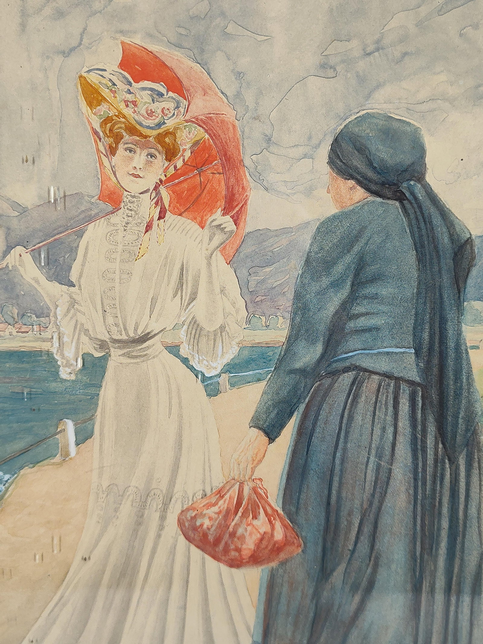 European School, 19/20C. W/P, Promenade: 22x19 This illustrative work, executed in watercolor and gouache highlights on paper, depicts two contrasting female figures walking along a lakeside promenade. The figure on the left is dressed in