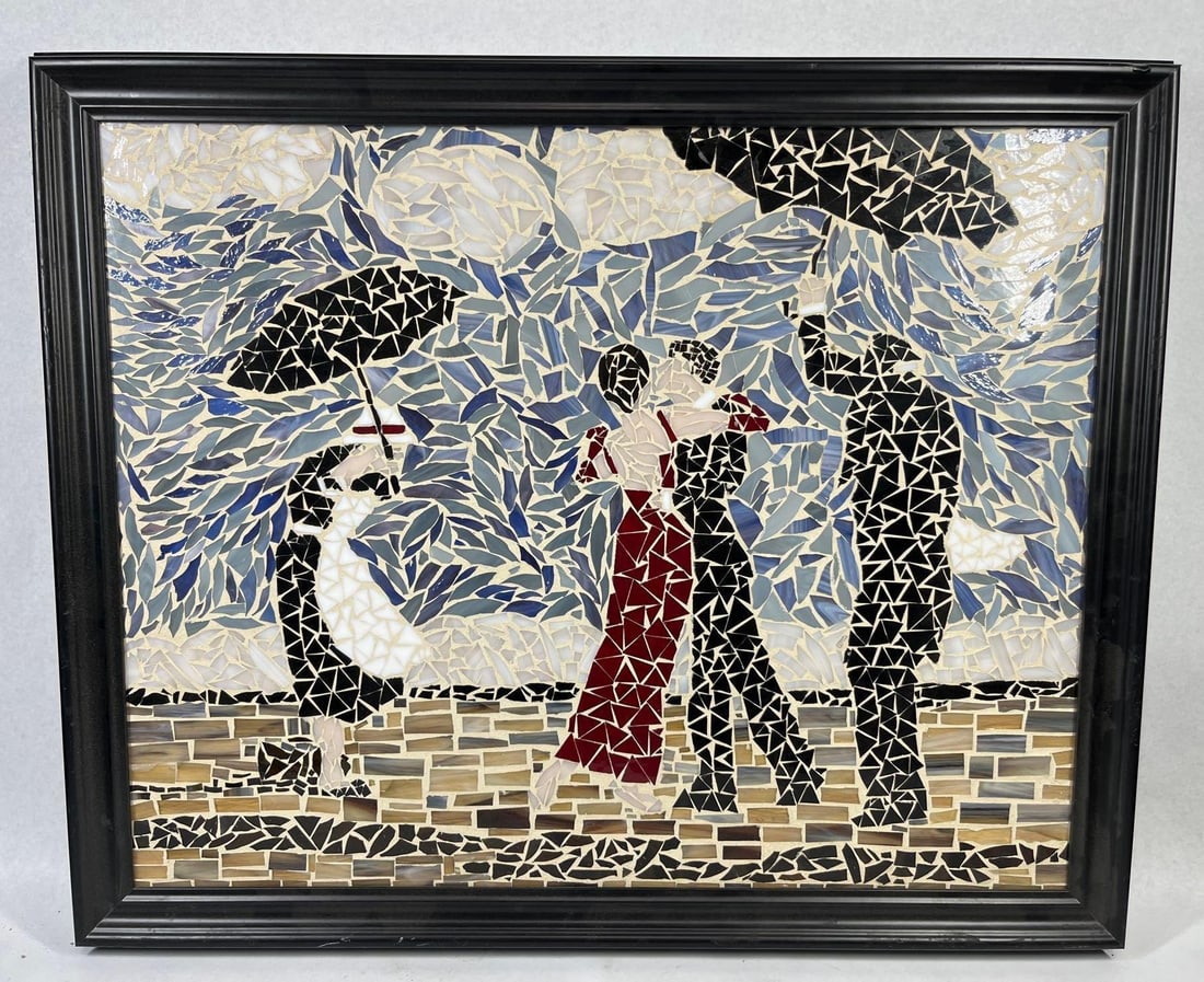 After Vettriano Singing Butler Mosaic: 27x22 A contemporary mosaic artwork after the 1992 painting The Singing Butler by Jack Vettriano. The composition is created using hand-cut glass tesserae set in a light-colored grout. The scene