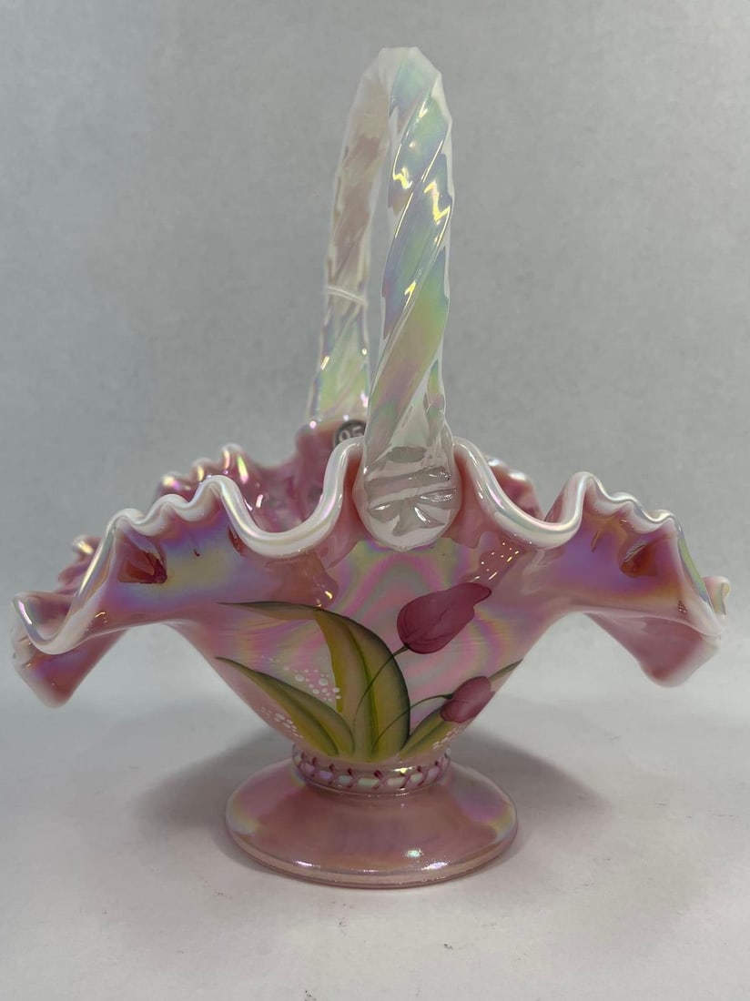 Fenton 95th Anniversary Rosalene Basket: 6.5x8x9 This Fenton Art Glass basket is part of The Glass Legacy Collection, produced in 2000 to commemorate the company's 95th anniversary. The vessel is constructed from iridescent pink