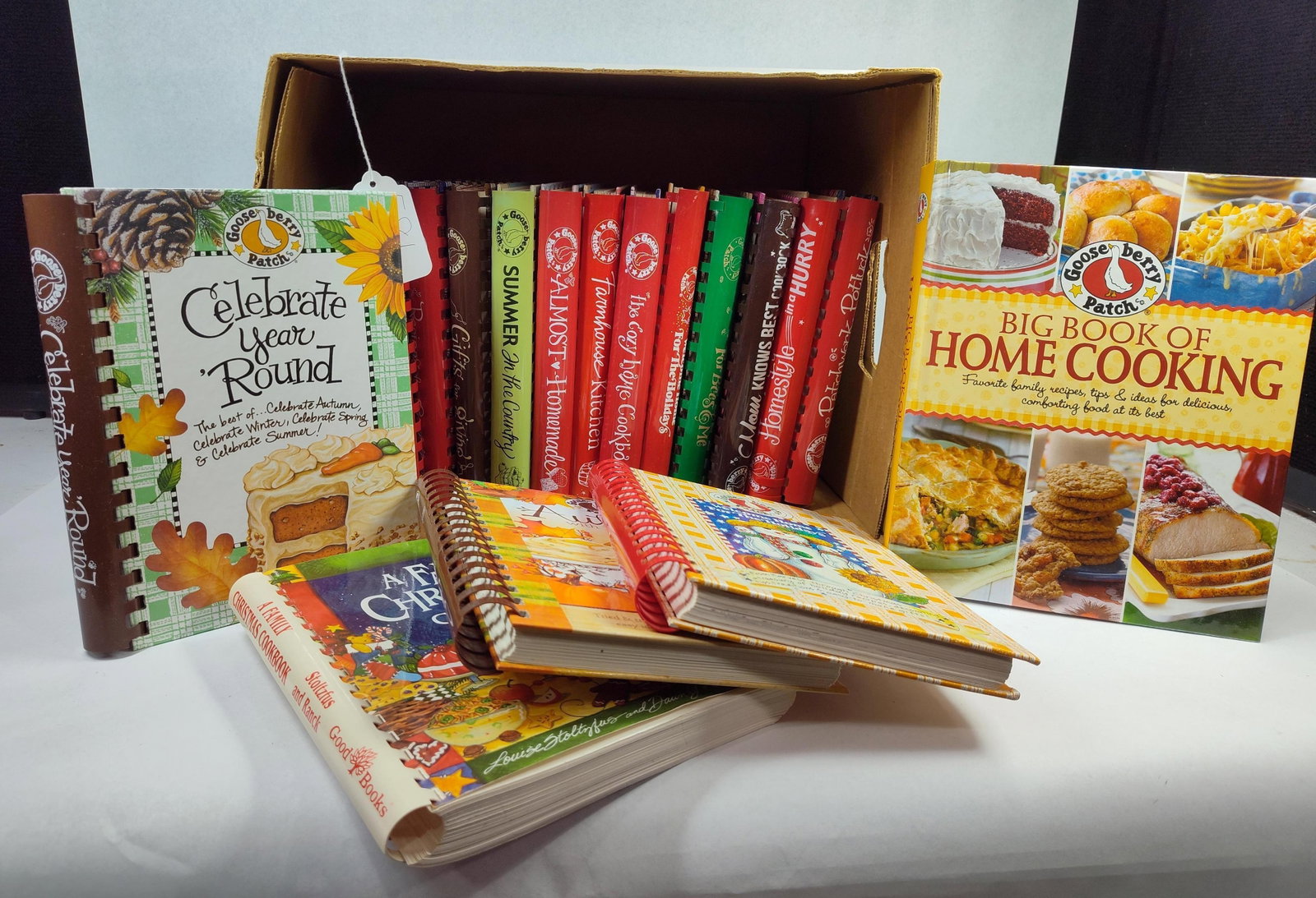 Gooseberry Patch & Seasonal Cookbooks: This lot consists of a collection of cookbooks focusing on homestyle, seasonal, and holiday recipes, predominantly from the Gooseberry Patch series. Featured titles include the Gooseberry Patch Big