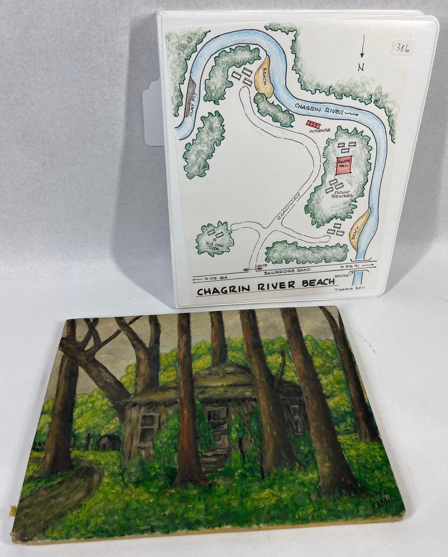 Thomas A. Kamis, Old Dance Hall, O/C: This lot includes an original 1950s oil painting on canvas board and a comprehensive historical archive documenting Chagrin River Beach in Solon, Ohio. The painting, titled The Old Dance Hall, is exec