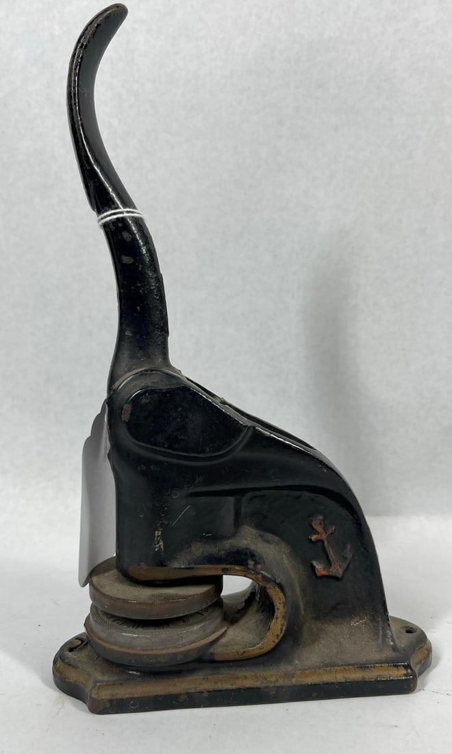 Anchor Model Cast Iron Seal Press 1900: This antique industrial-style desktop document embosser, identified as The Anchor model, is constructed from heavy cast iron with a black japanned finish. It features a characteristic curved