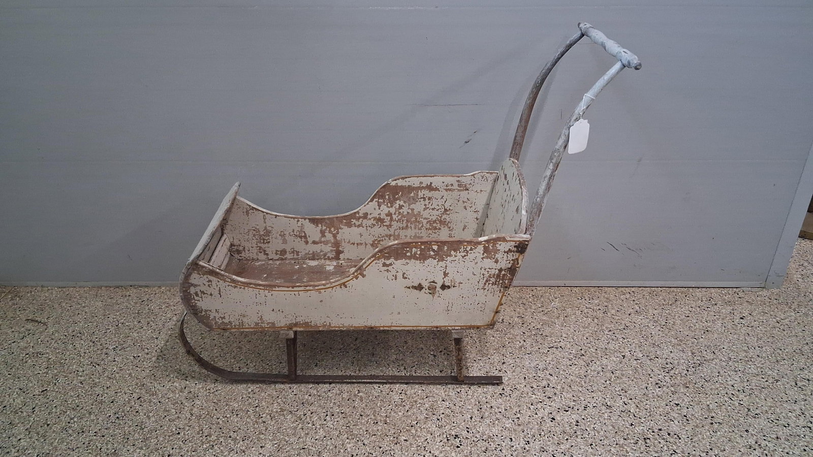Antique Wood & Iron Child's Push Sleigh: 32x14x32 This is an antique child's push sleigh, also known as a push-along sled or pram-style sled, dating to the late 19th or early 20th century. The sleigh features a wooden carriage body
